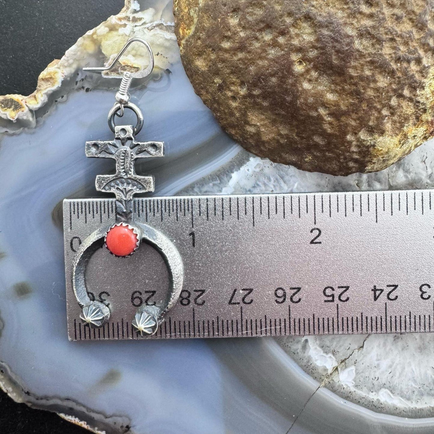 Kevin Billah Native American Sterling Silver Coral Native Cross Dangle Earrings For Women