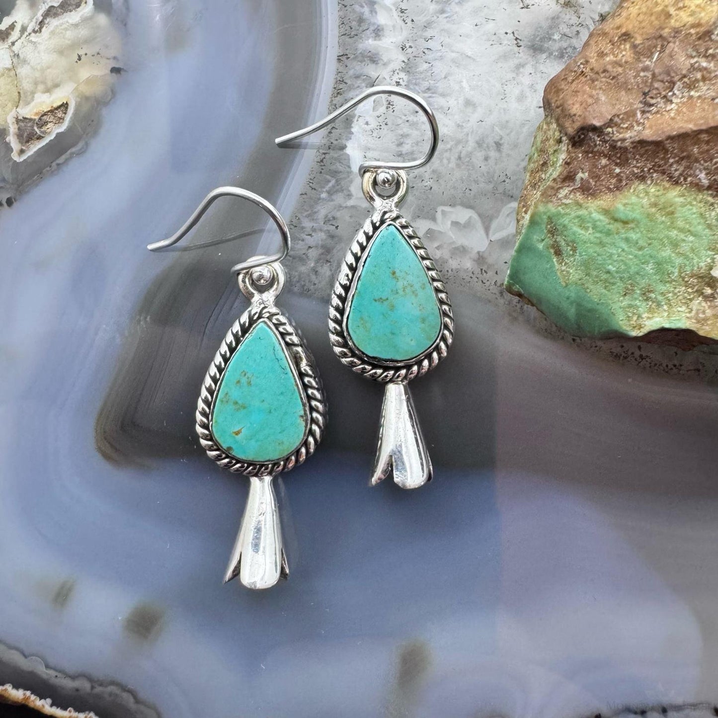 Sterling Silver Southwestern Style Teardrop Turquoise Squash Blossom Dangle Earrings For Women