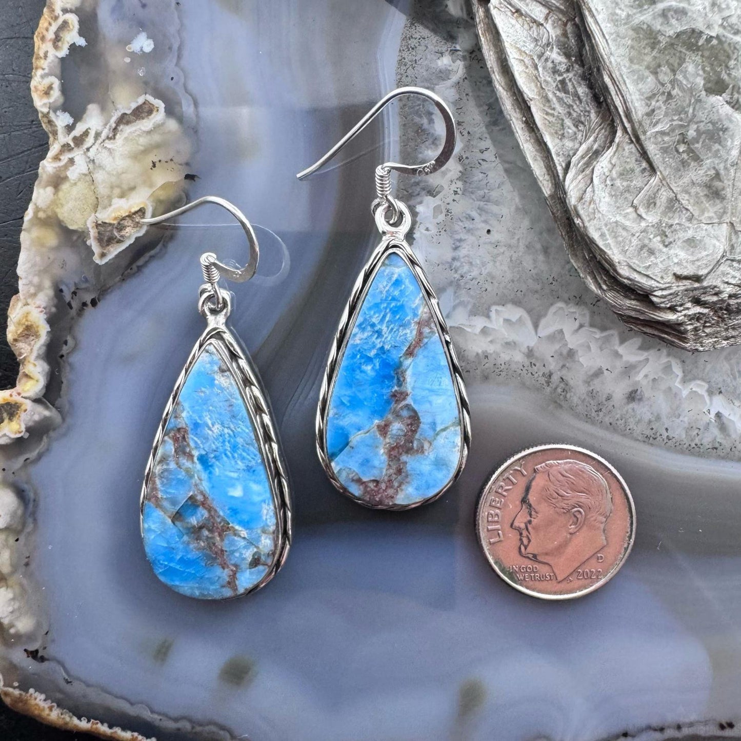 Sterling Silver Southwesten Style Teardrop Blue Apatite Dangle Earrings For Women