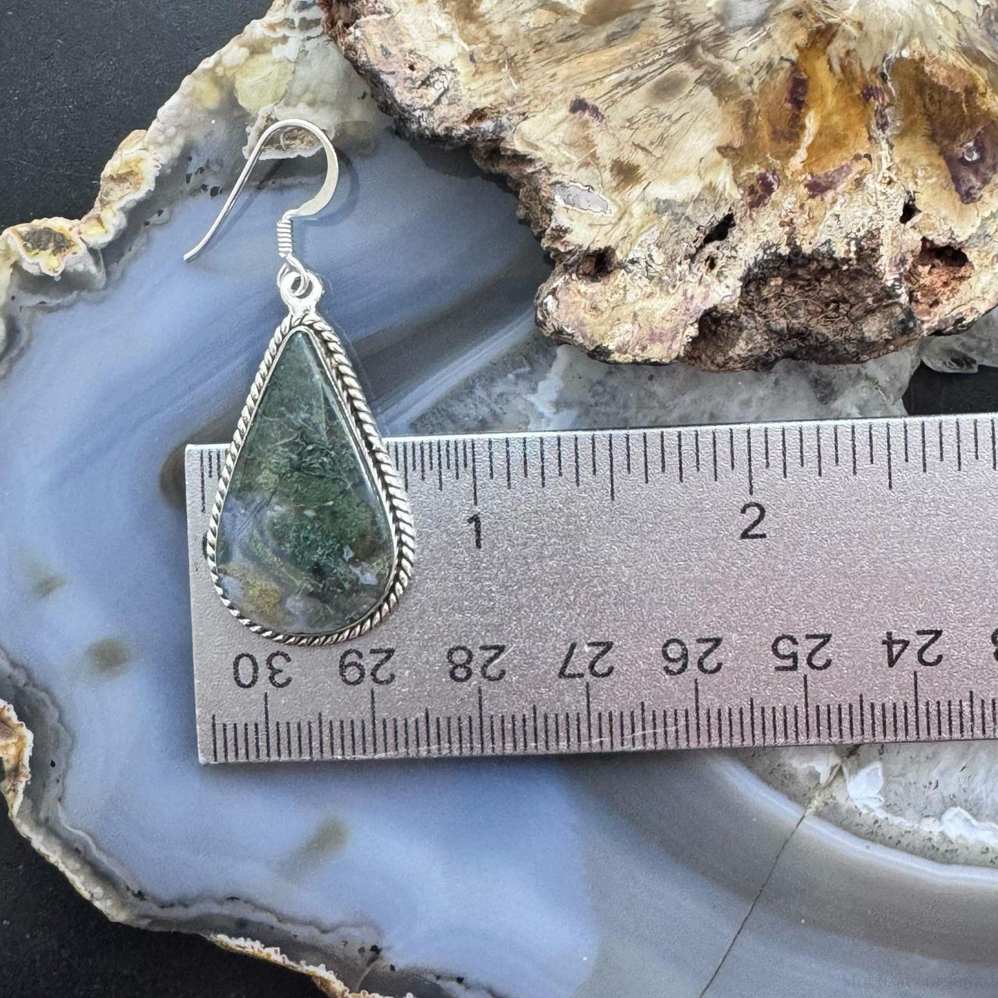 Sterling Silver Southwestern Style Teardrop Moss Agate Dangle Earrings For Women