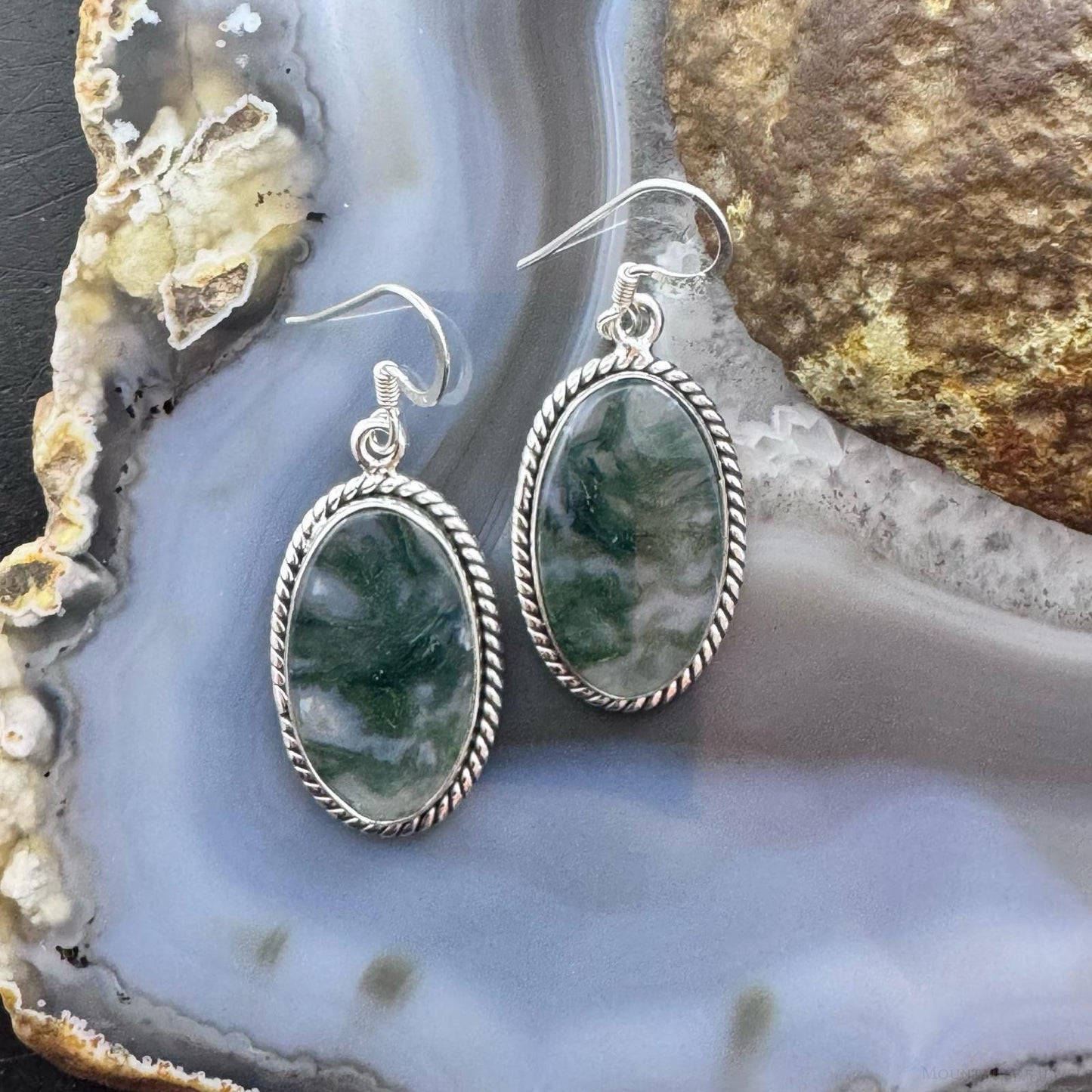 Sterling Silver Southwestern Style Oval Moss Agate Decorated Dangle Earrings For Women