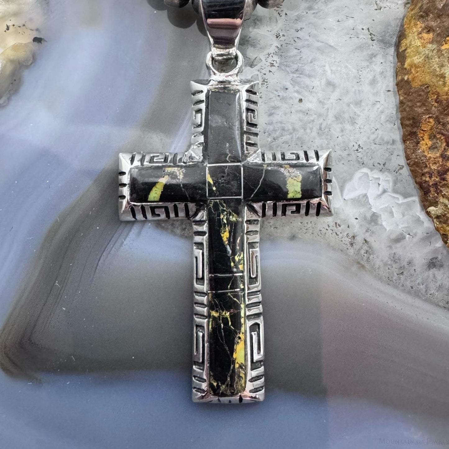 Native American Sterling Silver Inlay Blackjack Decorated Cross Unisex Pendant