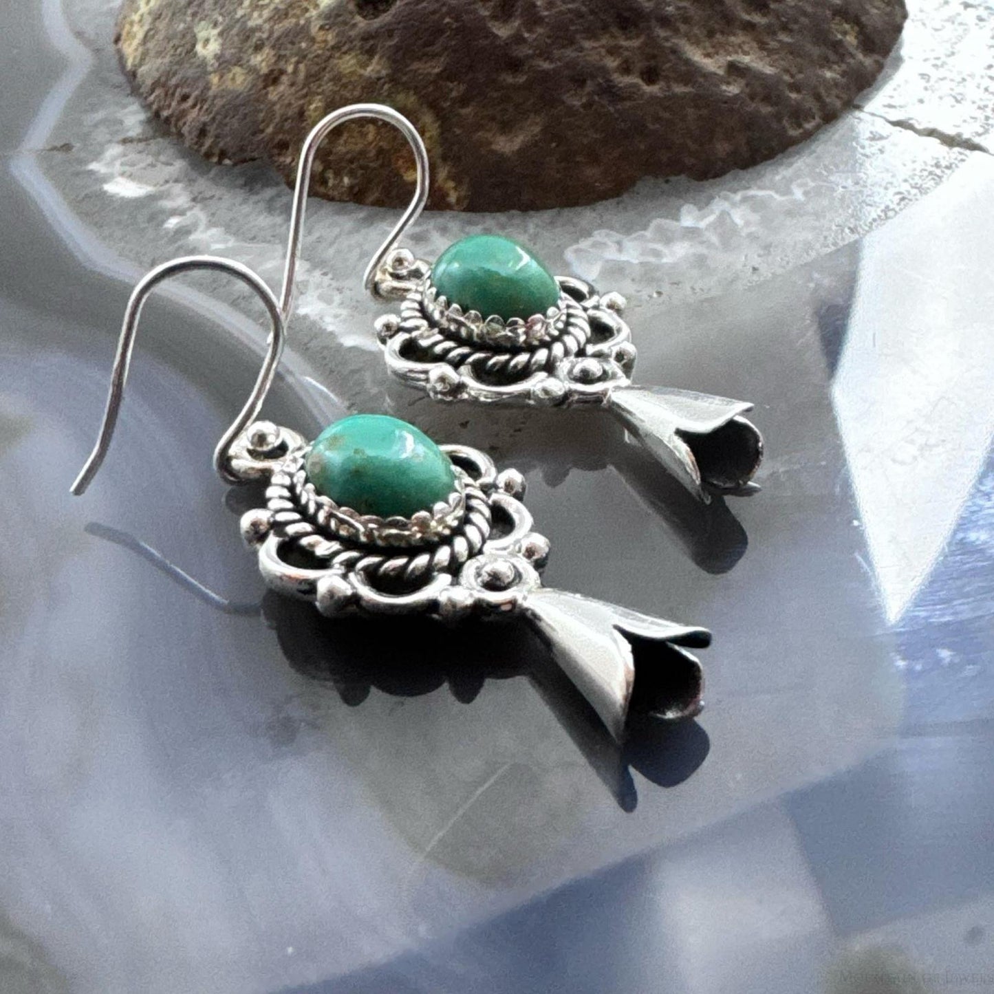 Sterling Silver Southwestern Style Oval Turquoise Squash Blossom Dangle Earrings For Women