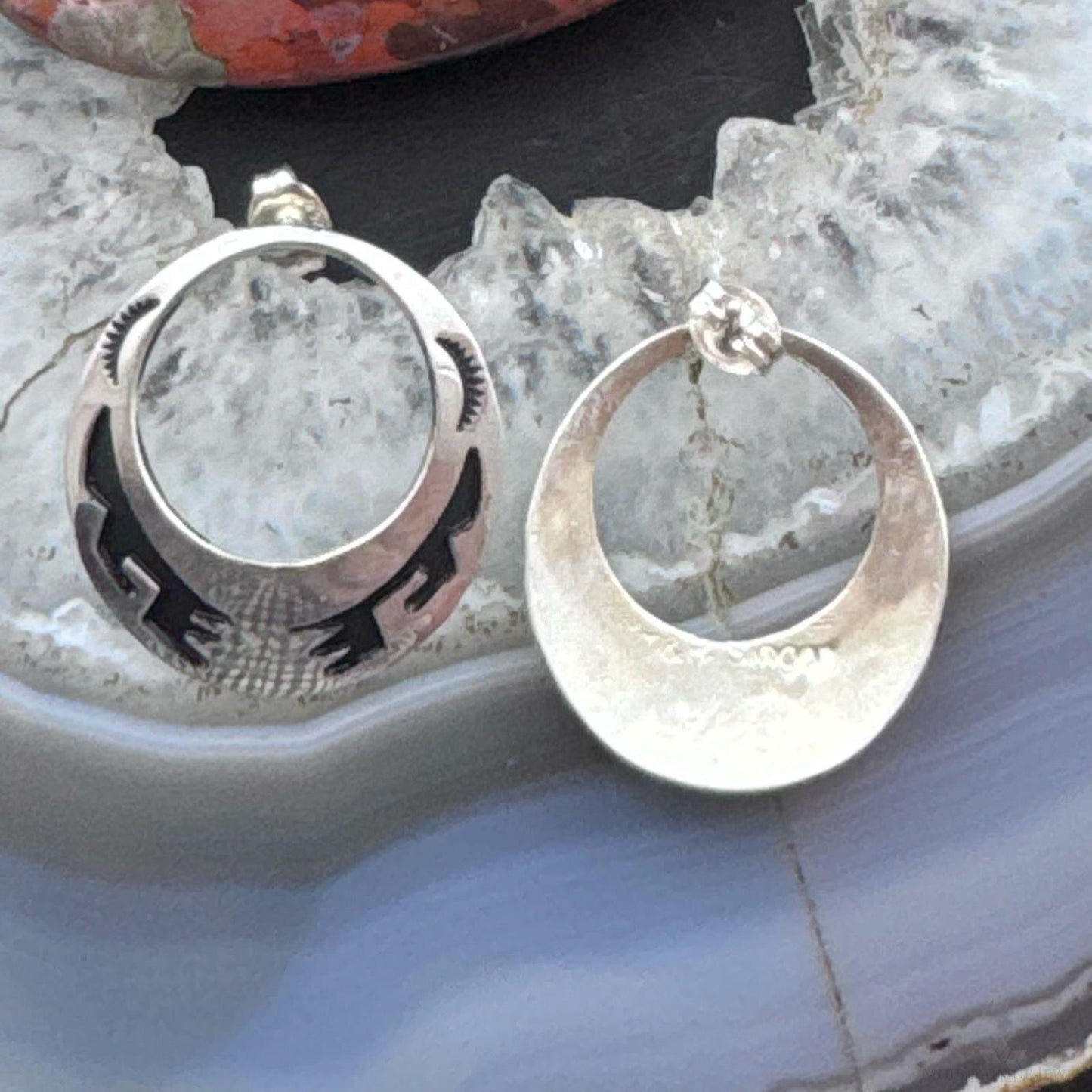 Tommy & Rosita Singer Sterling Silver Overlay Southwestern Motif Hoop Post Earrings For Women
