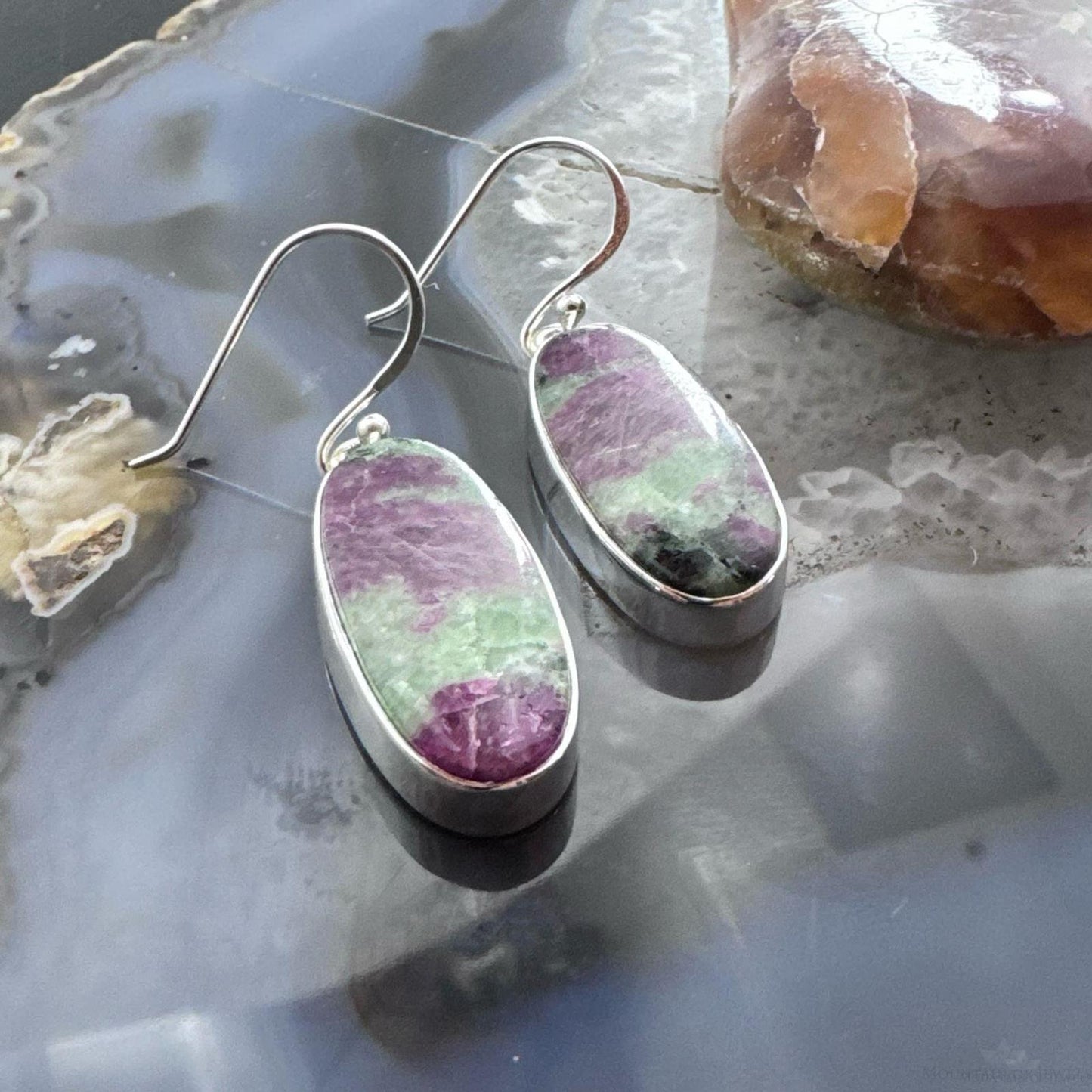 Sterling Silver Southwestern Style Oval Ruby Zoisite Dangle Earrings For Women