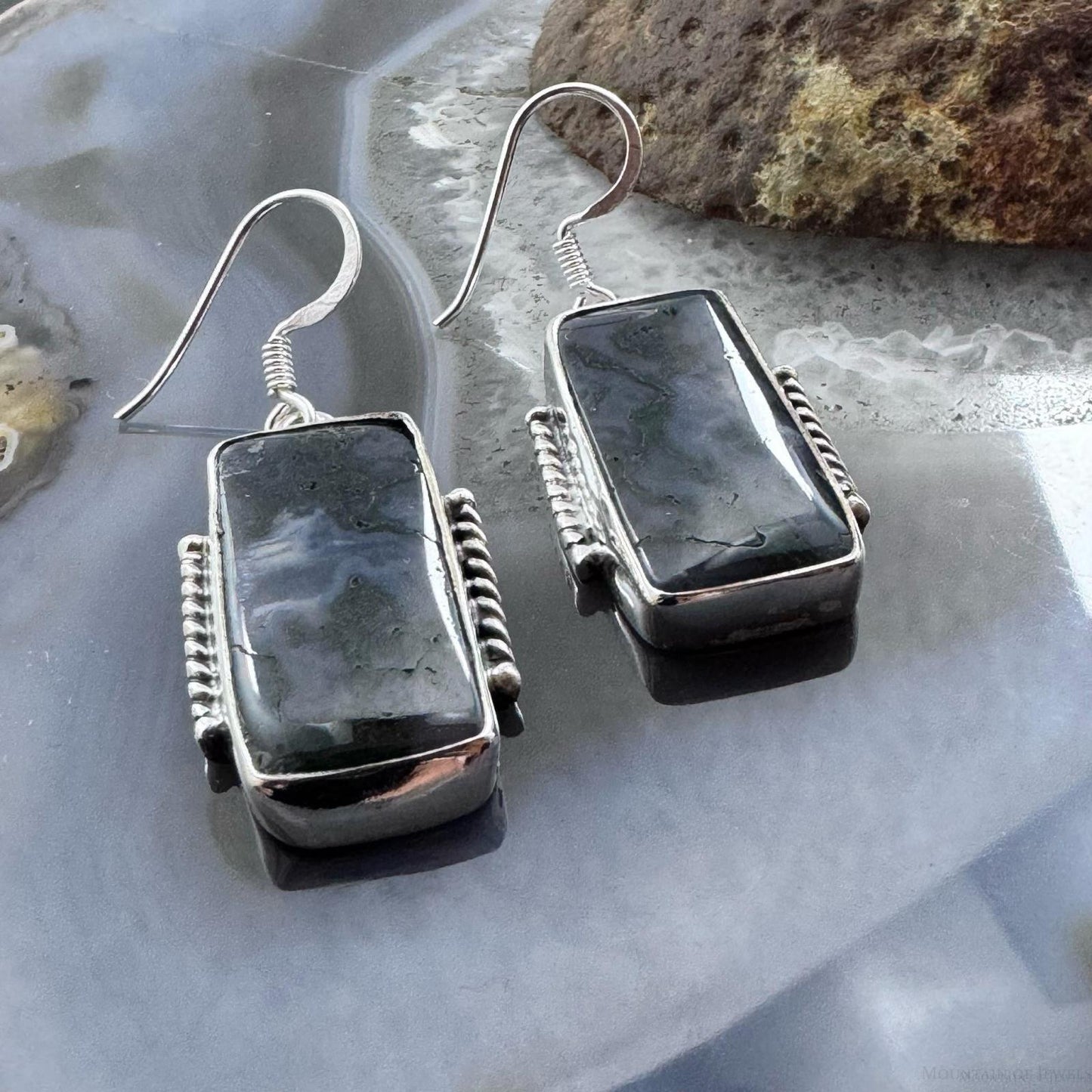 Sterling Silver Southwestern Style Rectangle Moss Agate Dangle Earrings For Women