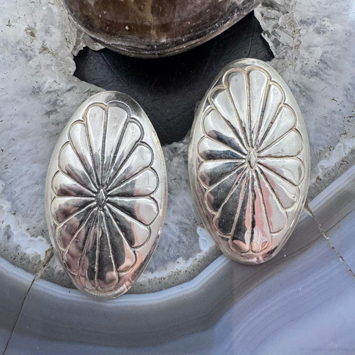 Native American Silver Stamped Flower Oval Post Earrings For Women