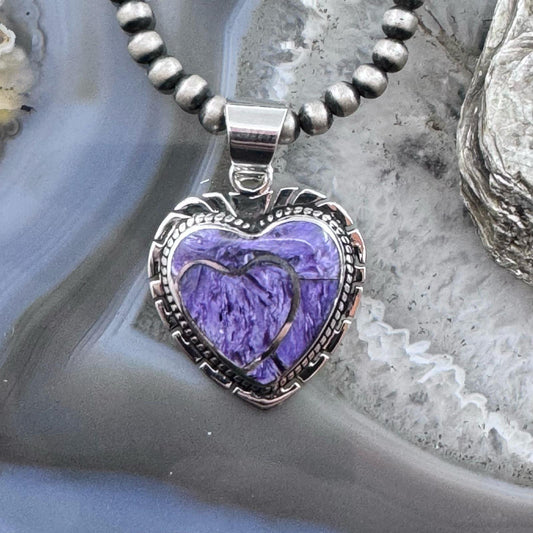 Native American Sterling Silver Charoite Double Heart Pendant For Women