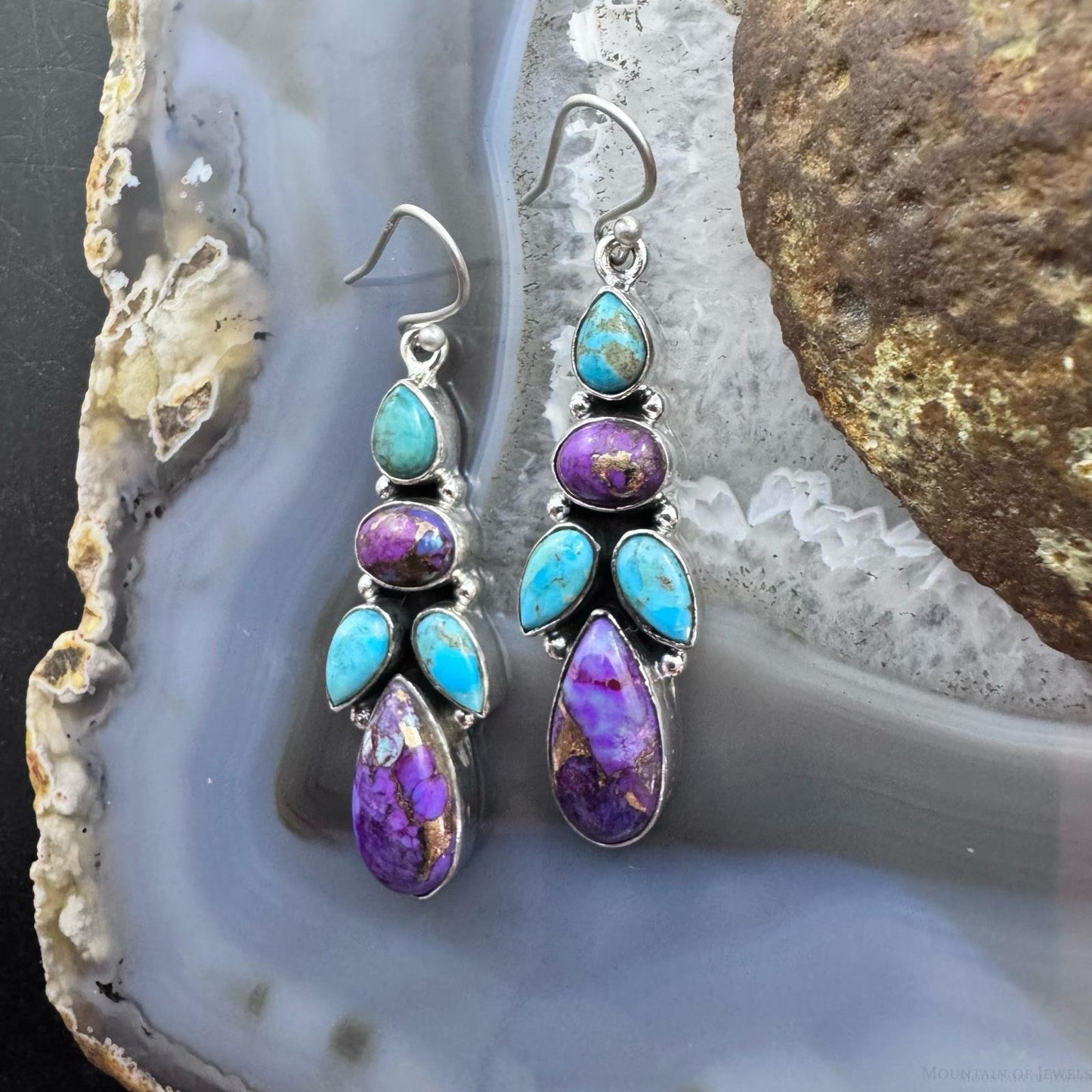 Sterling Silver Southwestern Style Turquoise & Purple Dahlia Dangle Earrings For Women