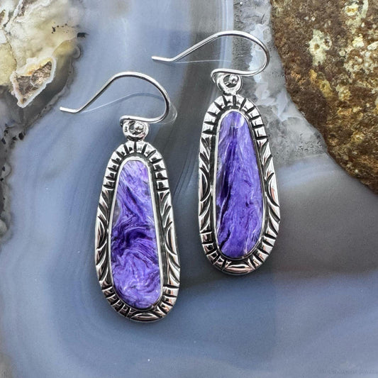 Native American Sterling Silver Charoite Decorated Dangle Earrings For Women