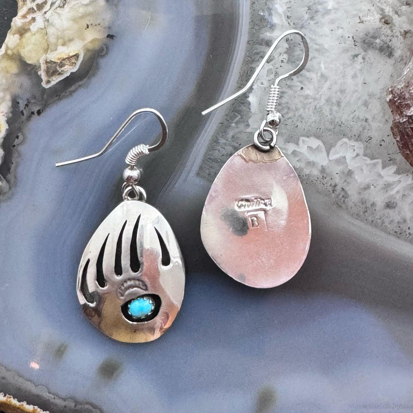 Native American Sterling Silver Bear Claw w/Turquoise Dangle Earrings For Women