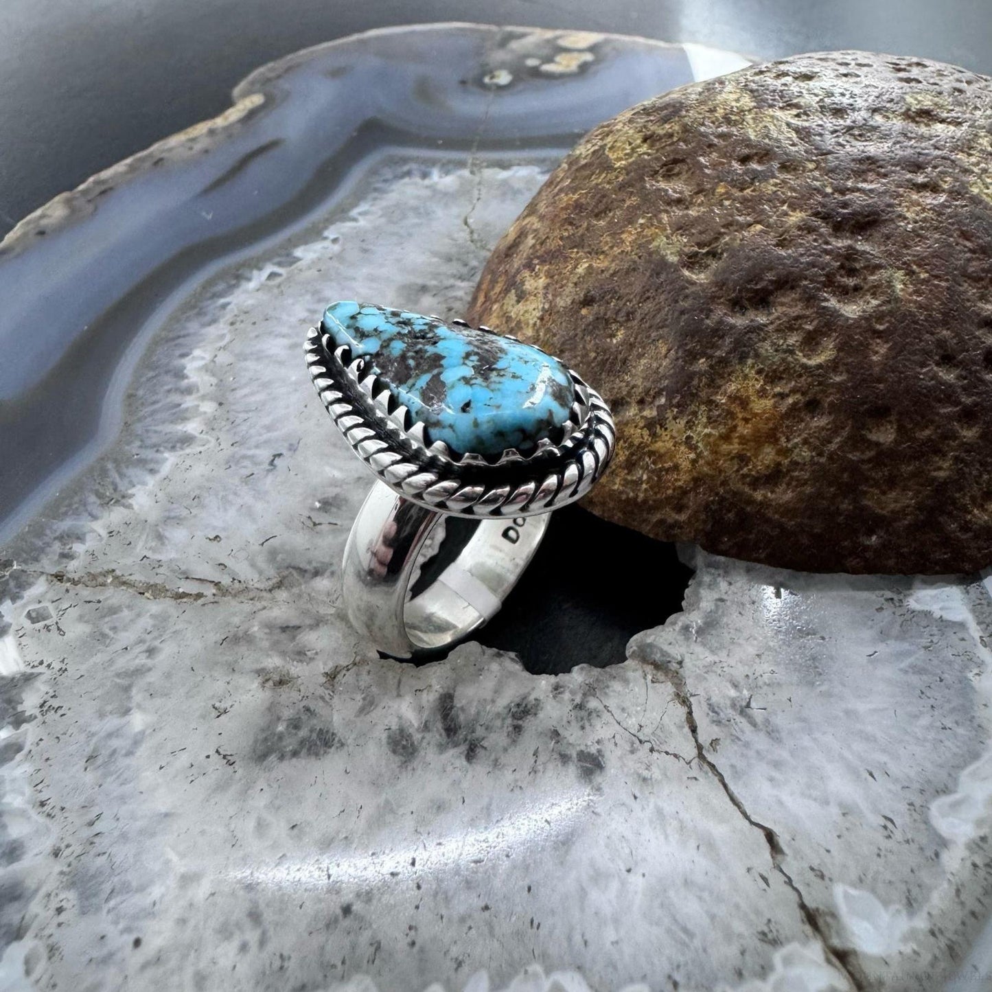 Sterling Silver Southwestern Style Teardrop Turquoise Ring Size 6.75 For Women