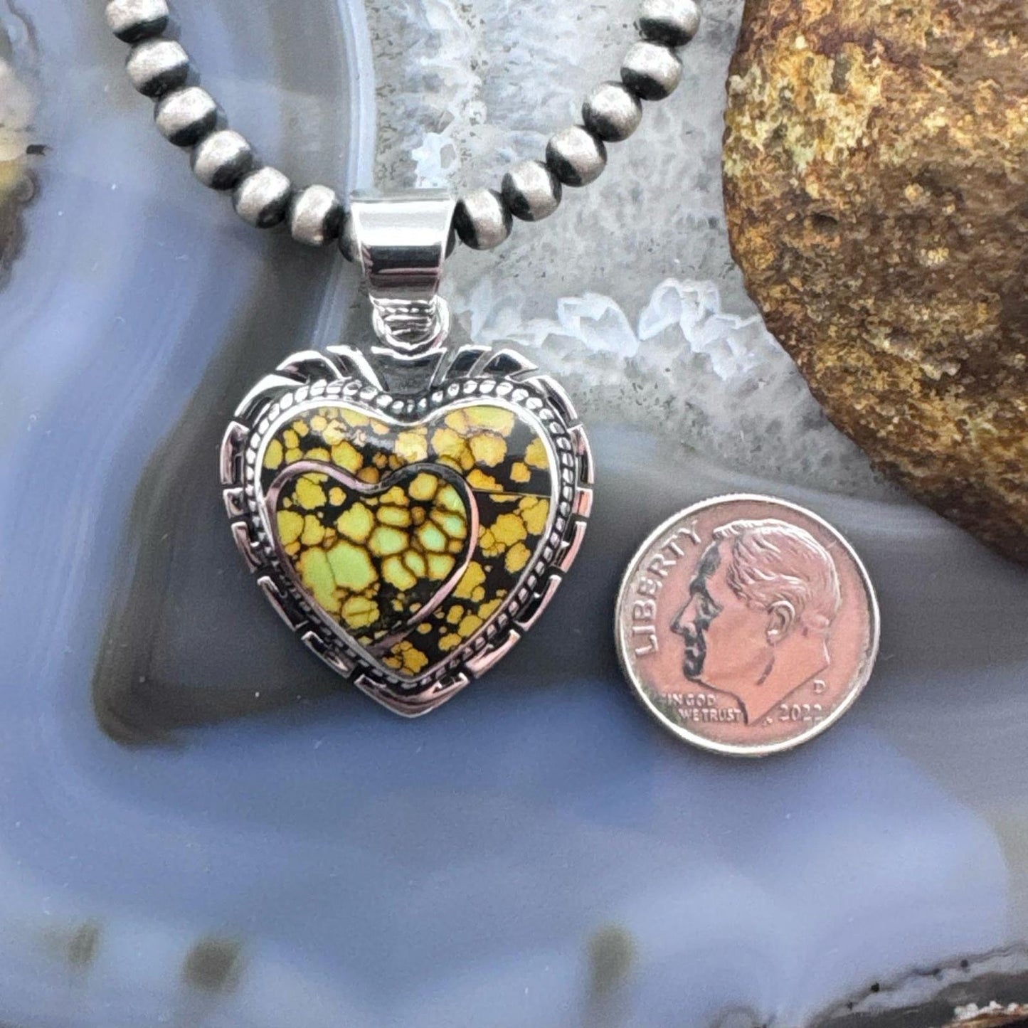 Native American Sterling Silver Chinese Turquoise Double Heart Pendant For Women