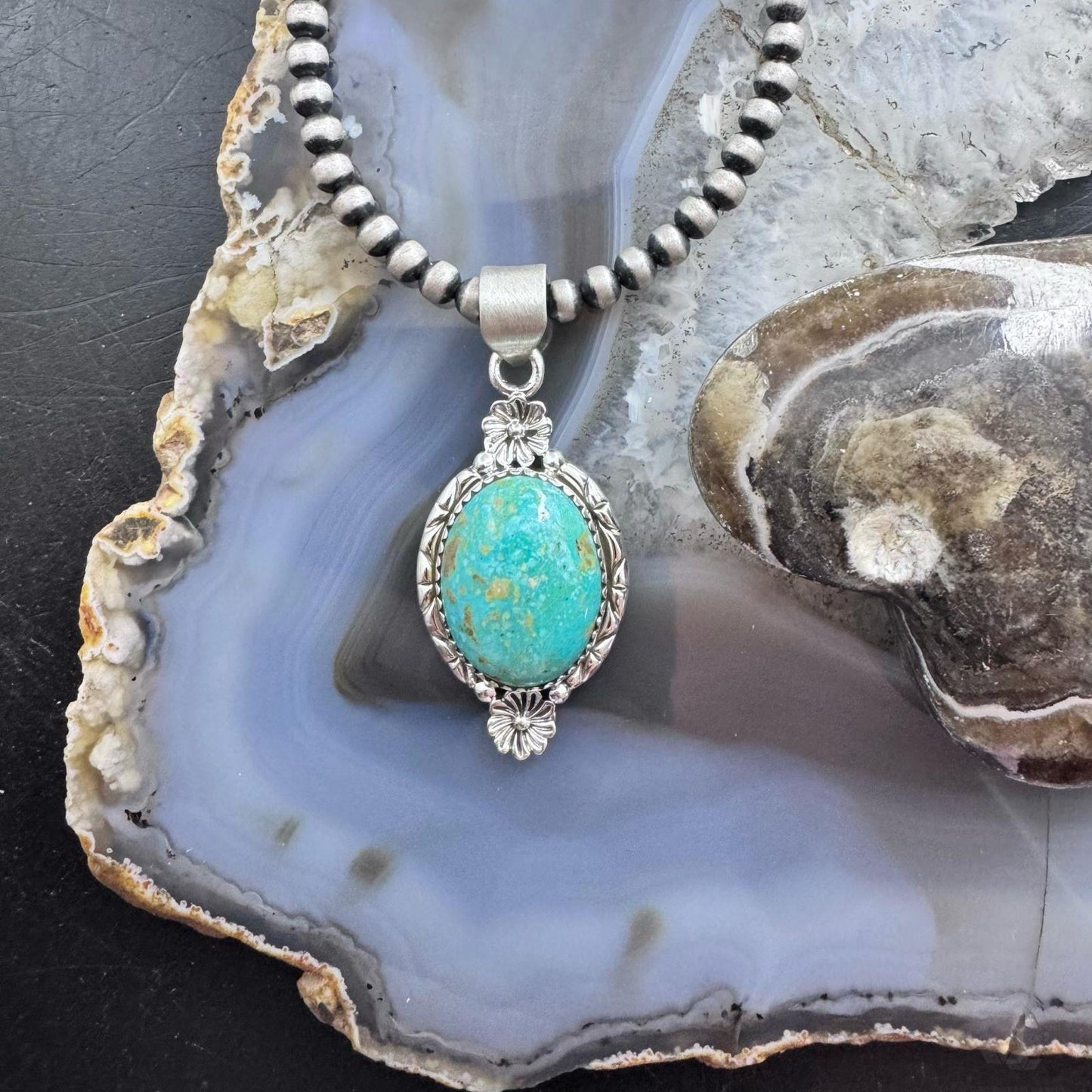 Sterling Silver Southwestern Style Oval Turquoise Decorated Pendant For Women