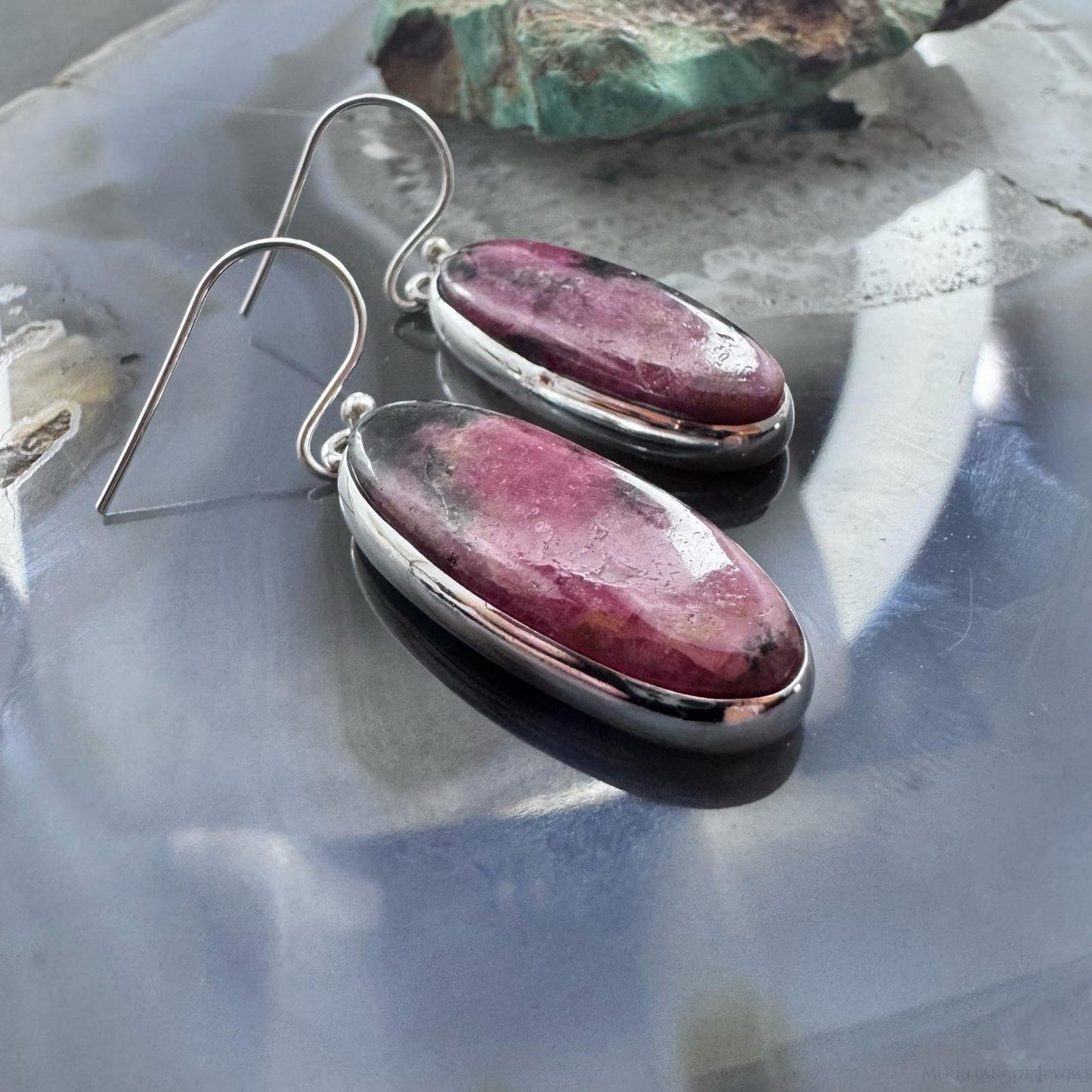 Sterling Silver Southwestern Style Oval Rhodonite Dangle Earrings For Women