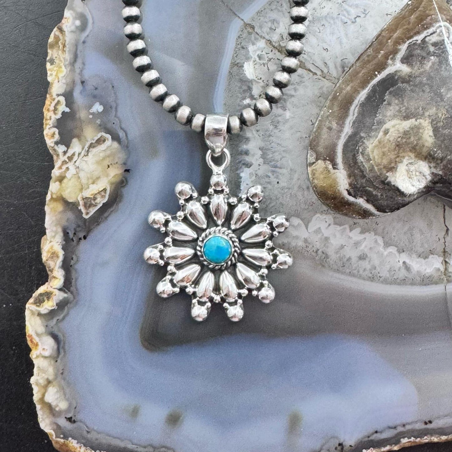 Sterling Silver Southwestern Style Rounded Turquoise Cluster Pendant For Women