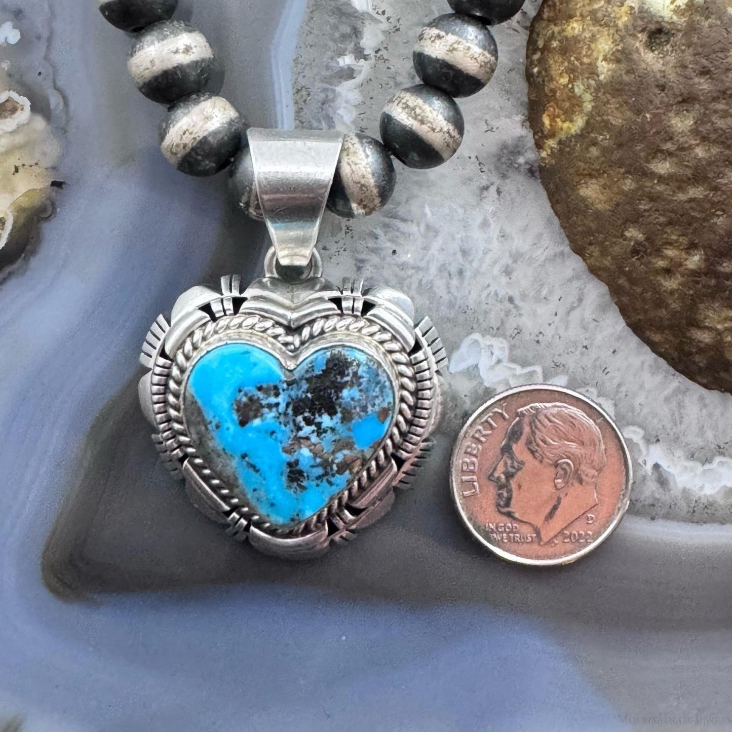 Larry Moses Yazzie Vintage Sterling Silver Copper Blue Turquoise Heart Pendant For Women