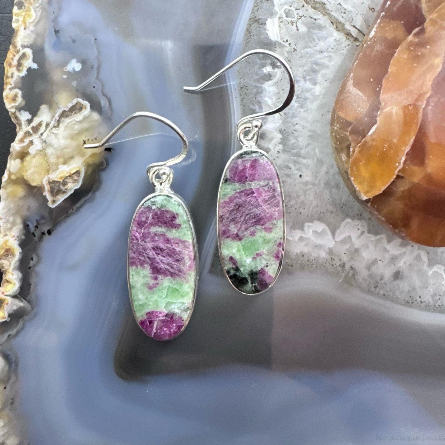 Sterling Silver Southwestern Style Oval Ruby Zoisite Dangle Earrings For Women