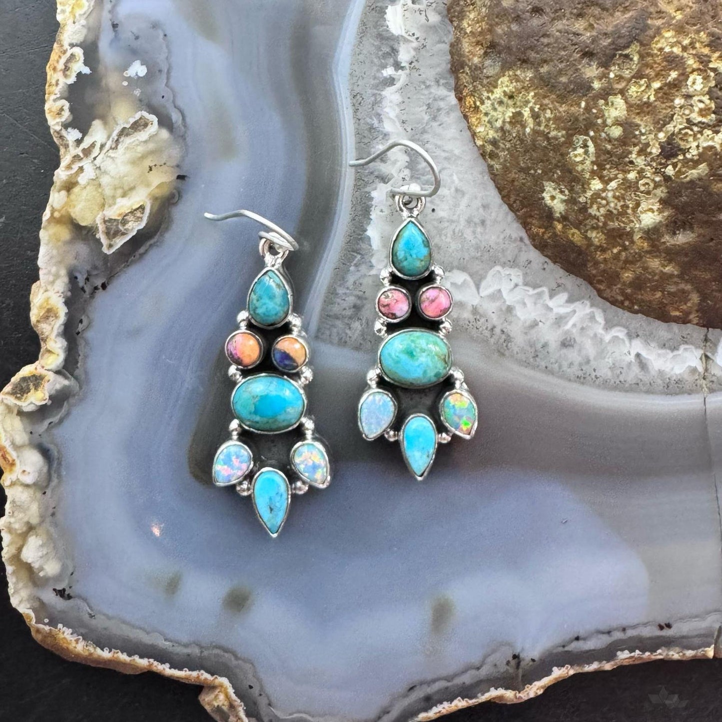 Sterling Silver Southwestern  Style Turquoise, Opal, Pink Dahlia Dangle Earrings For Women