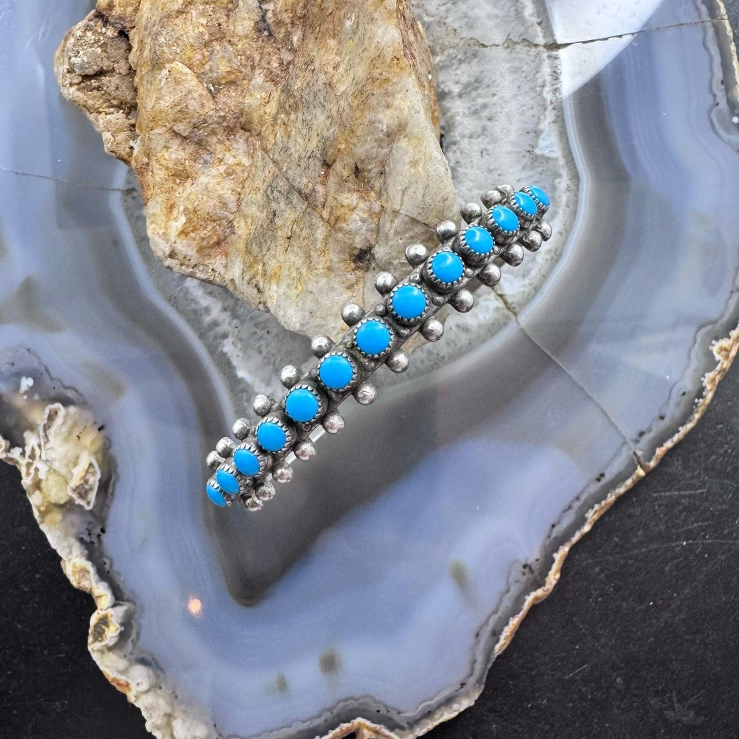 Vintage Native American Sterling Silver Petite Point Turquoise Row Bracelet For Women