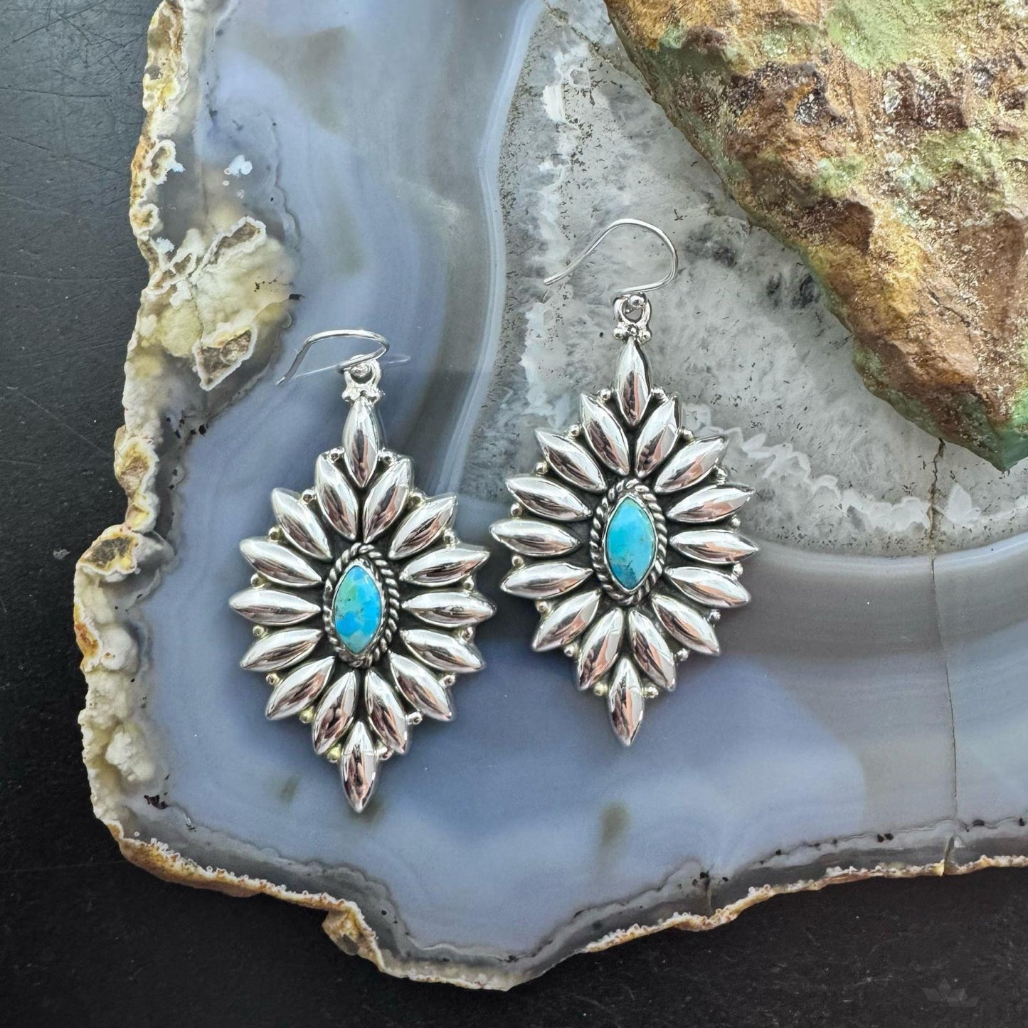 Sterling Southwestern Style Marquis Turquoise Cluster Dangle Earrings For Women