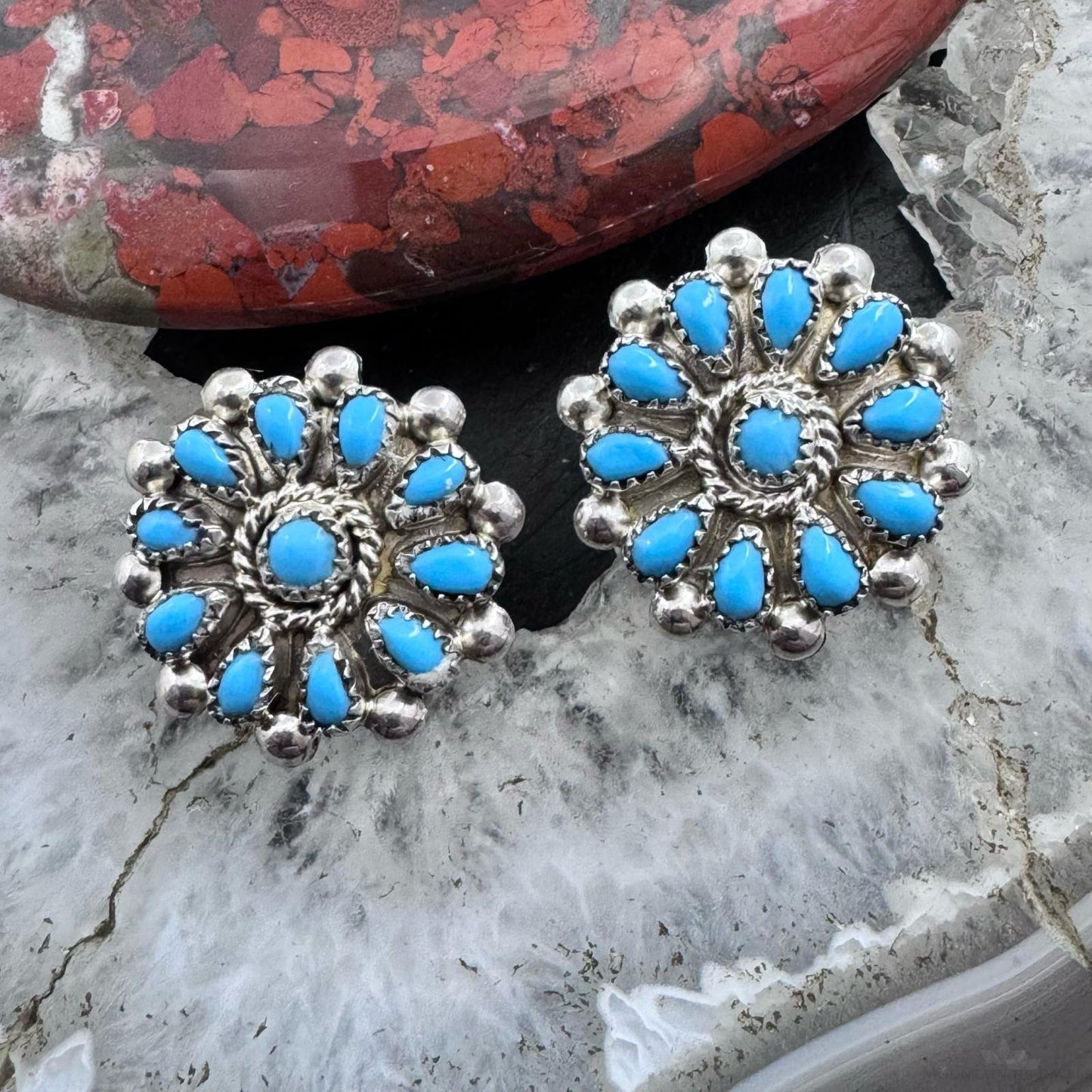 Native American Sterling Silver Turquoise Cluster Stud Earrings For Women