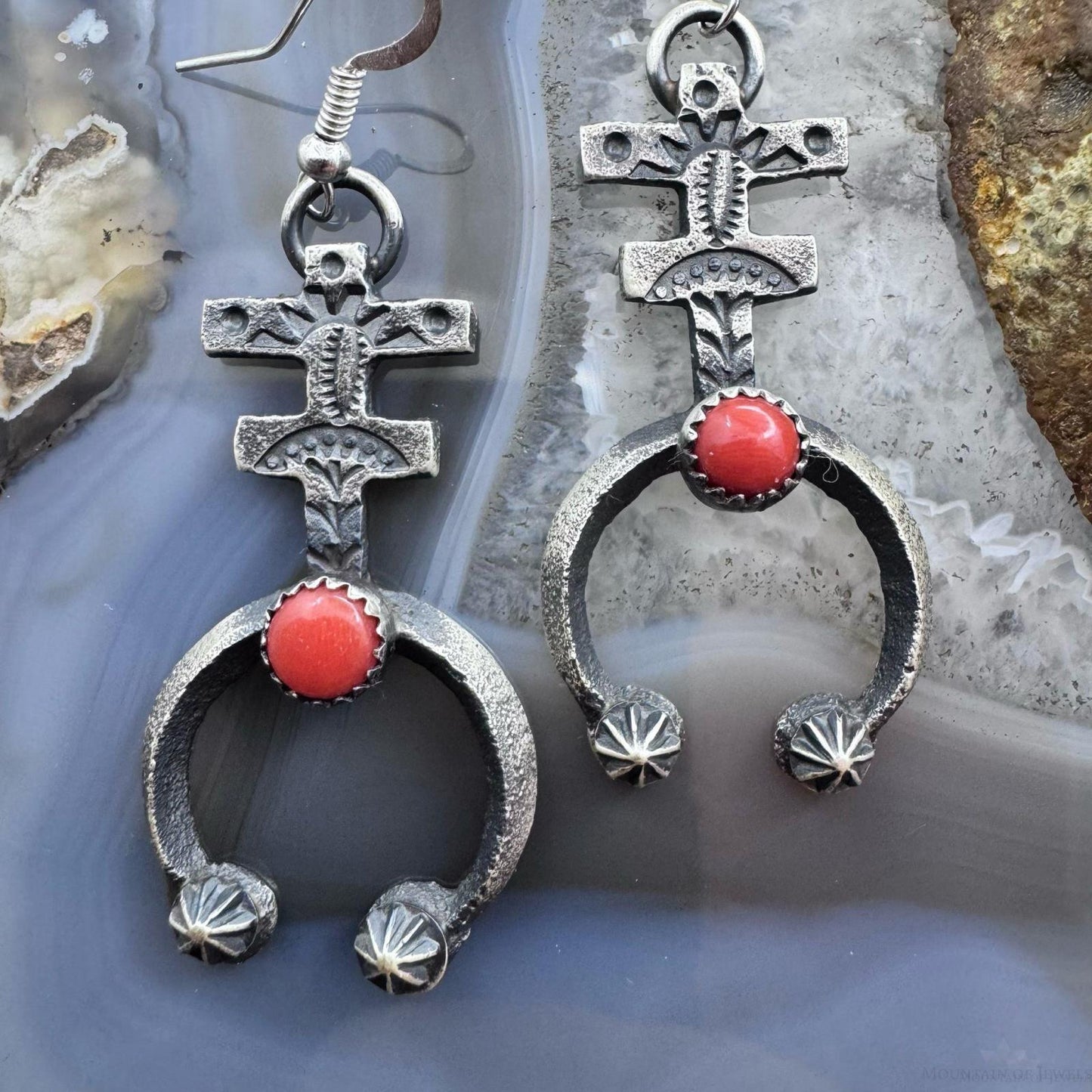Kevin Billah Native American Sterling Silver Coral Native Cross Dangle Earrings For Women