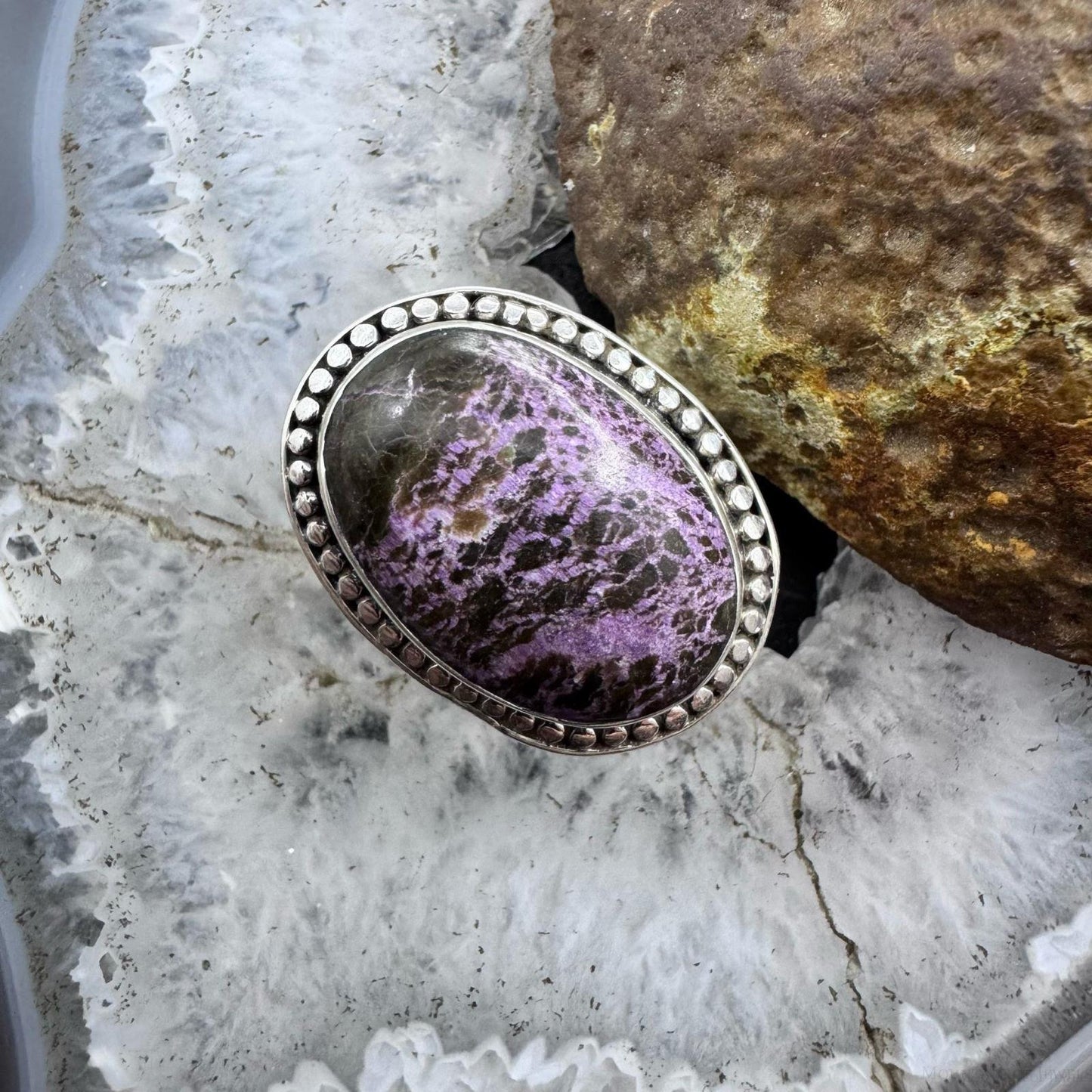 Sterling Silver Southwestern Style Oval Purpurite Decorated Ring Size 8 For Women