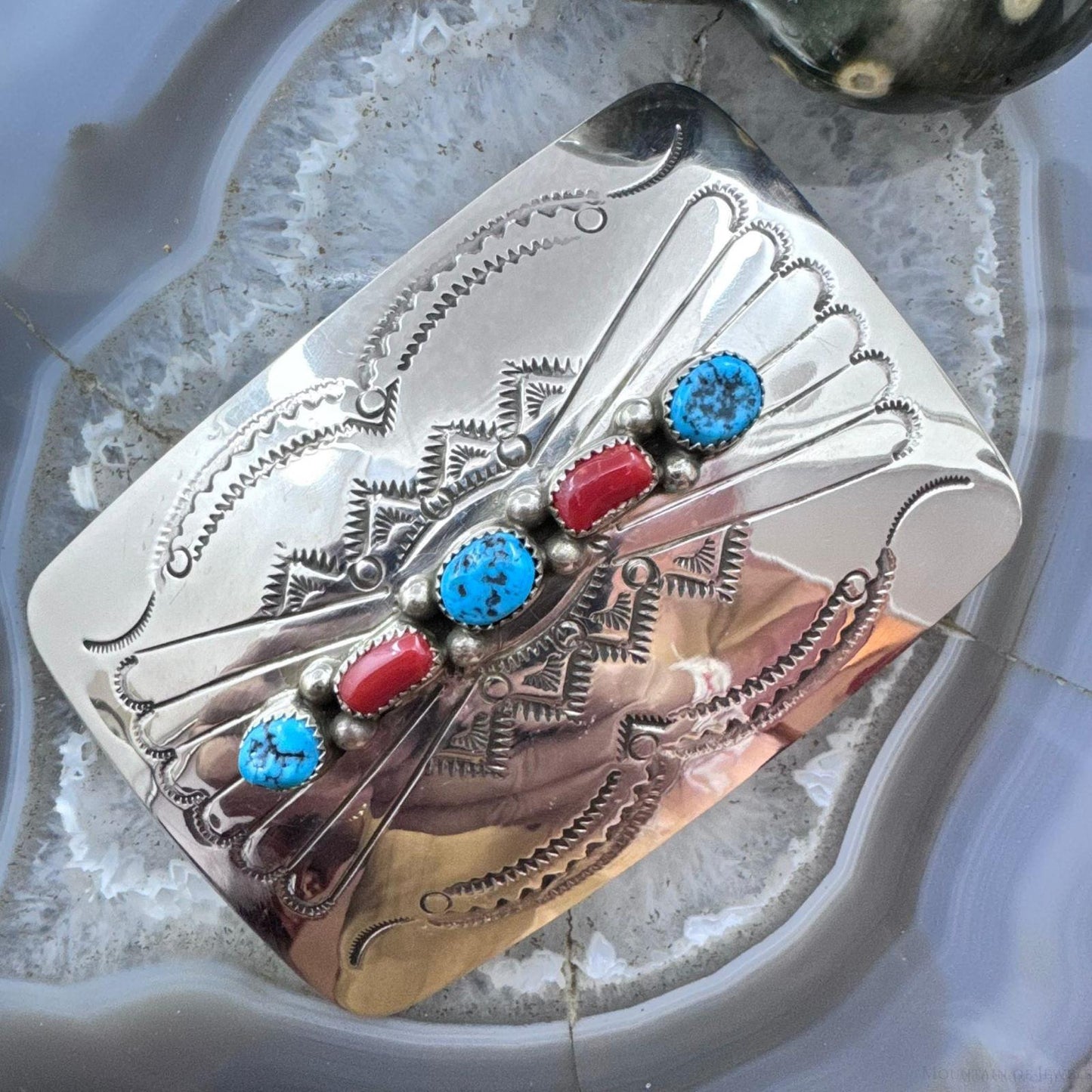 Sterling Silver Native American Turquoise & Coral Stamped Belt Buckle For Men