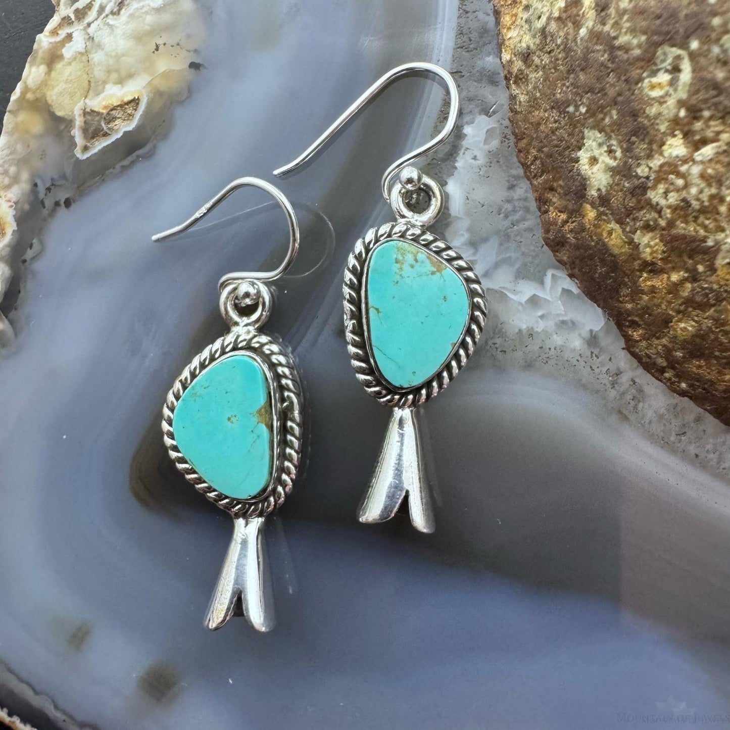 Sterling Southwestern Style Turquoise Decorated Squash Blossom Dangle Earrings For Women