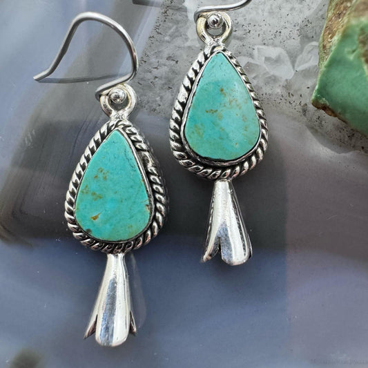 Sterling Silver Southwestern Style Teardrop Turquoise Squash Blossom Dangle Earrings For Women