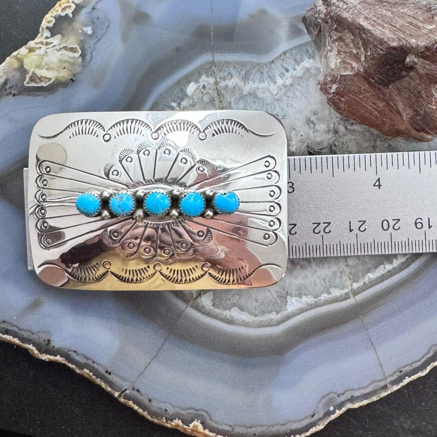 Joann Begay Native American Sterling Silver Turquoise Stamped Belt Buckle For Men