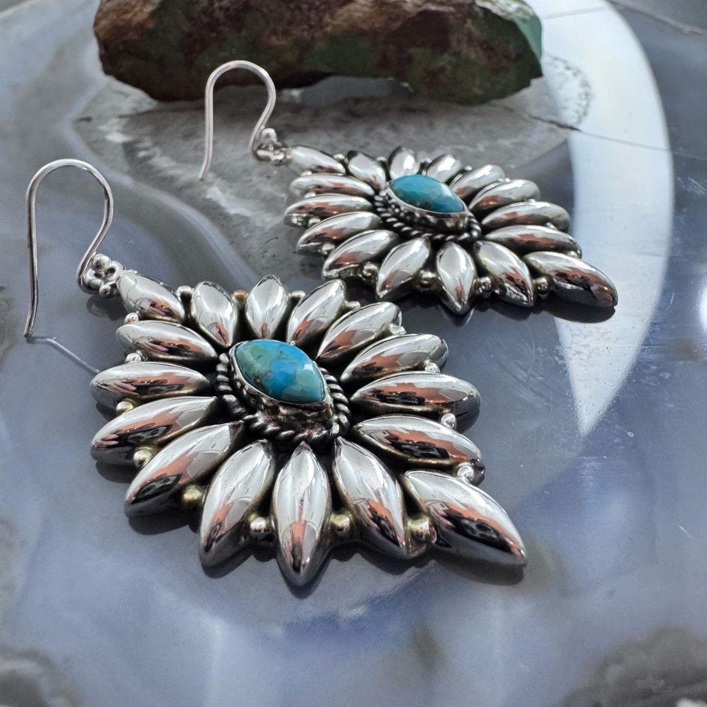 Sterling Southwestern Style Marquis Turquoise Cluster Dangle Earrings For Women