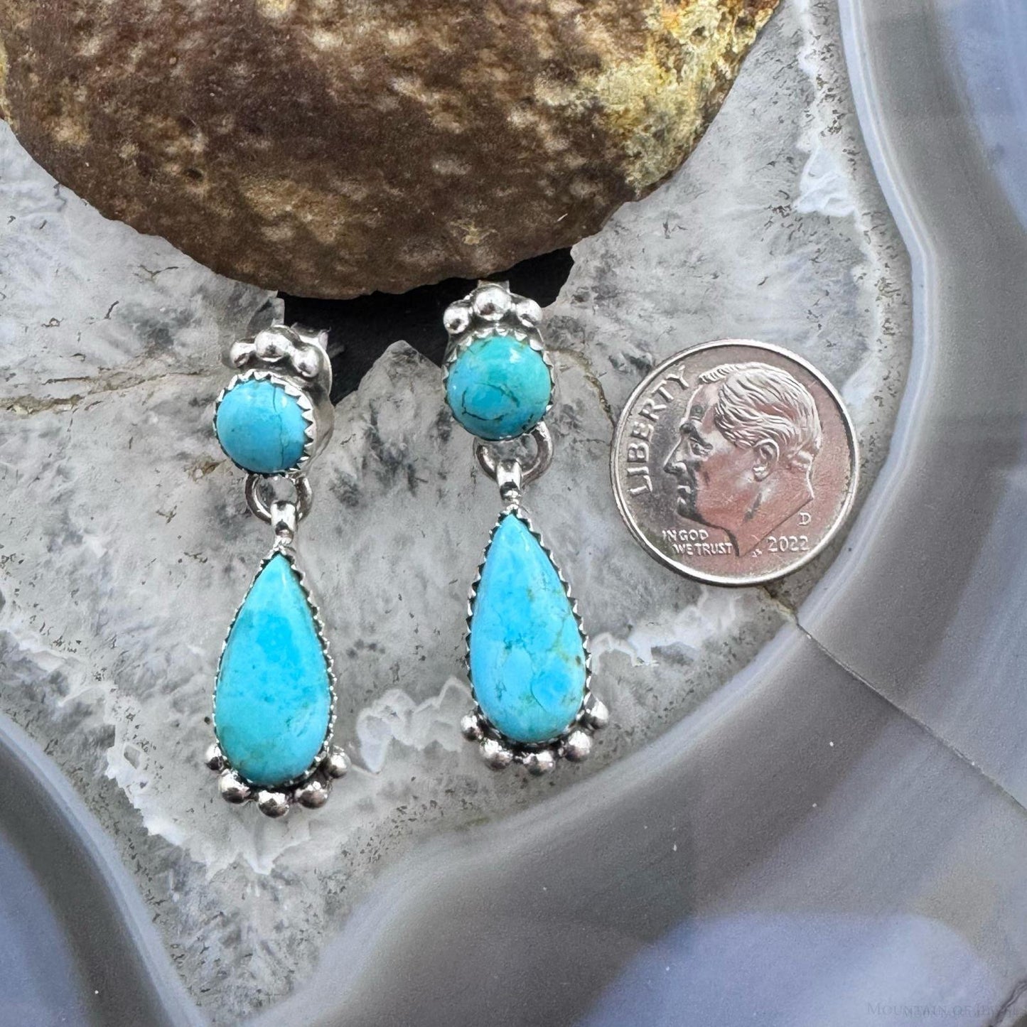 Sterling Silver Southwestern Style Round & Teardrop Turquoise Dangle Earrings For Women