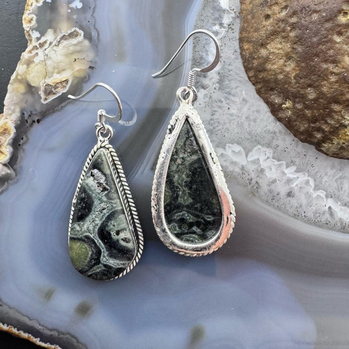 Sterling Silver Southwestern Style Teardrop Kambaba Jasper Dangle Earrings For Women