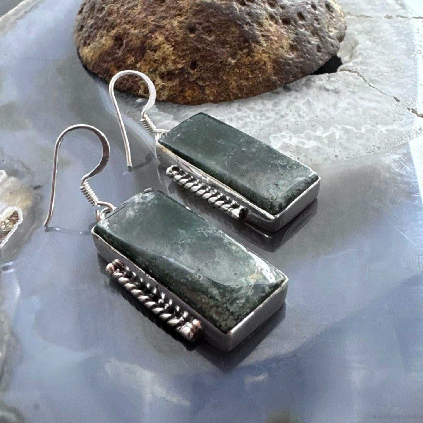 Sterling Silver Southwestern Style Rectangle Moss Agate Dangle Earrings For Women