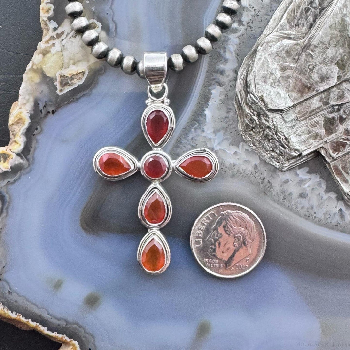 Sterling Silver Southwestern Style Carnelian Decorated Cross Pendant For Women