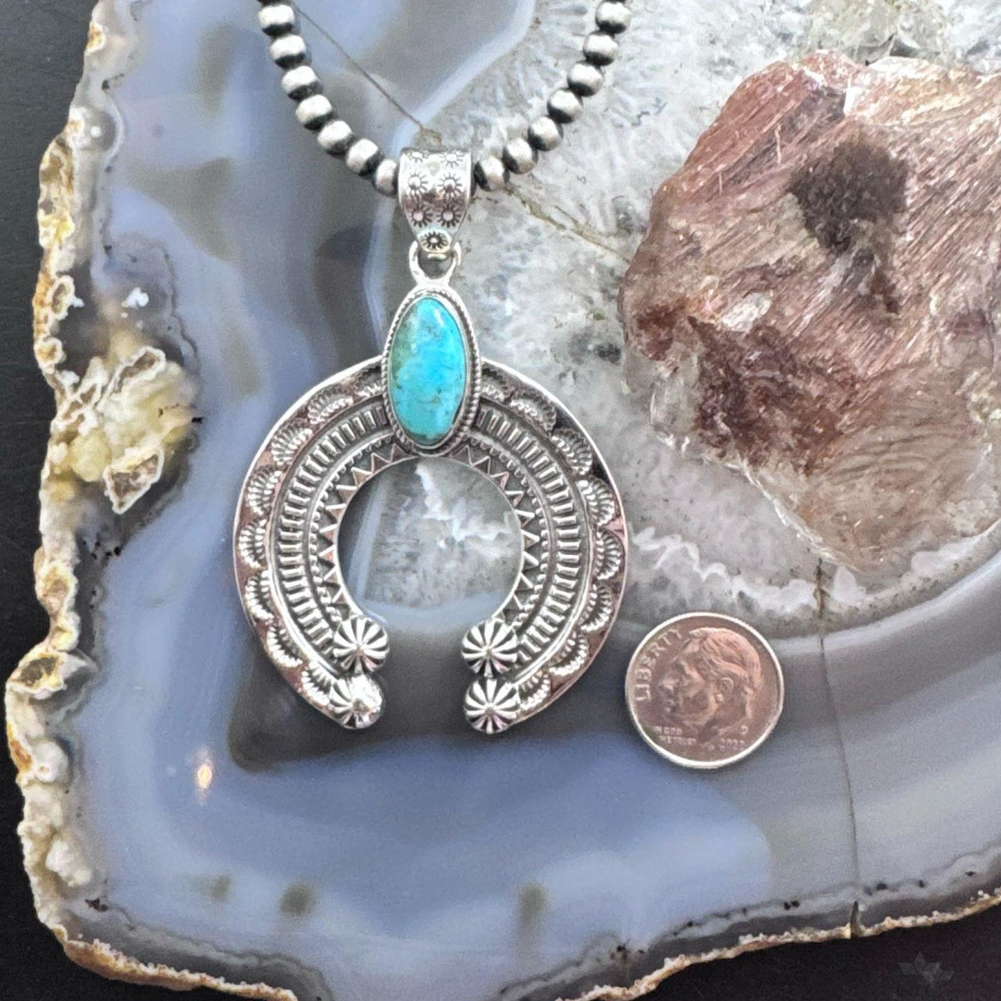 Sterling Silver Southwestern Style Oval Turquoise Stamped Naja Unisex Pendant