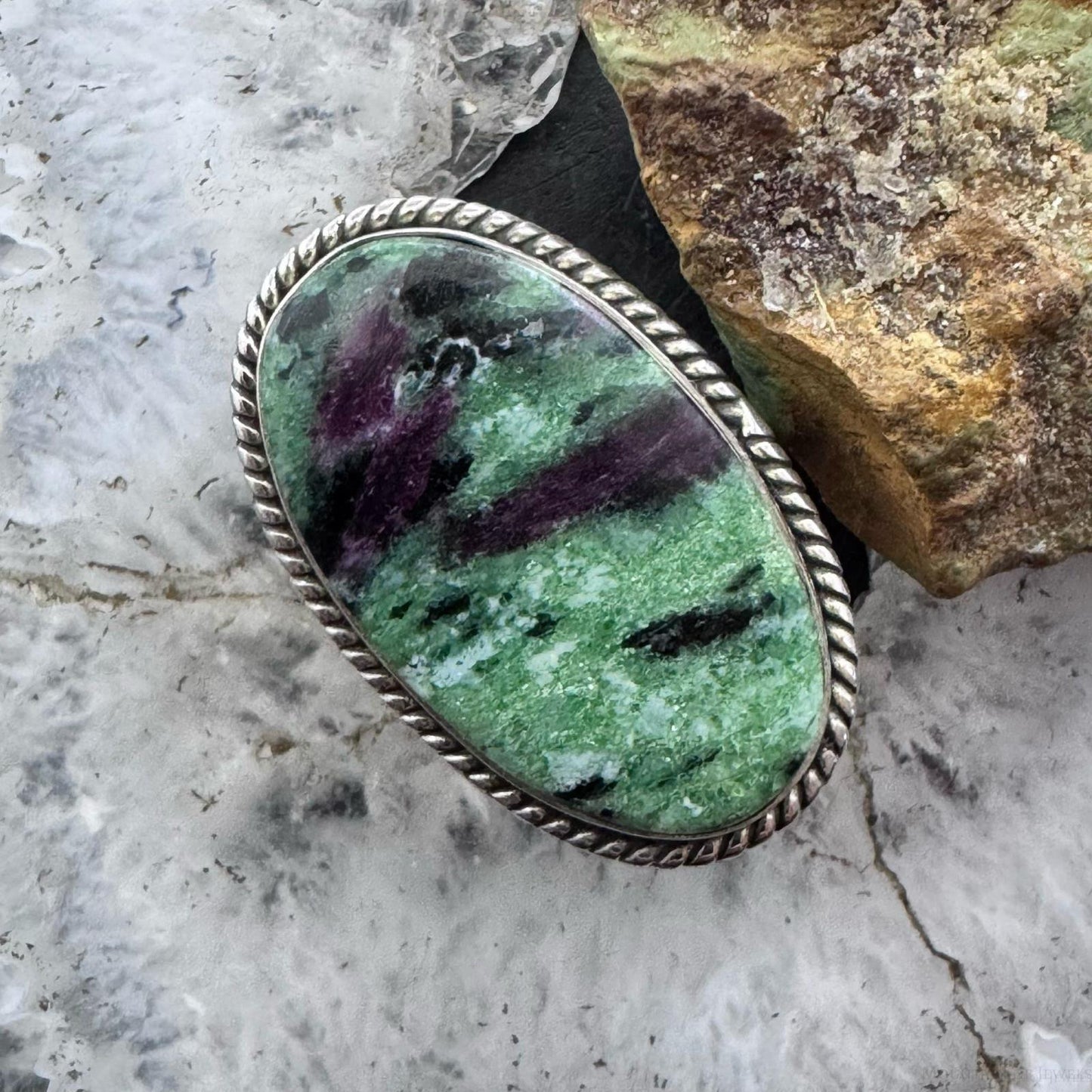 Sterling Silver Southwestern Style Large Oval Ruby Zoisite Ring Size 8.25 For Women