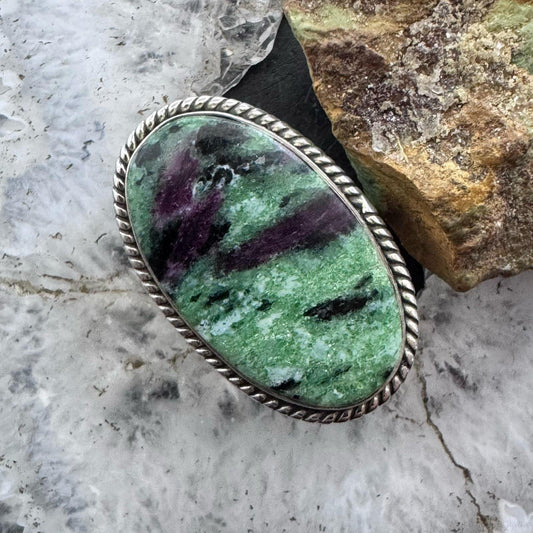 Sterling Silver Southwestern Style Large Oval Ruby Zoisite Ring Size 8.25 For Women