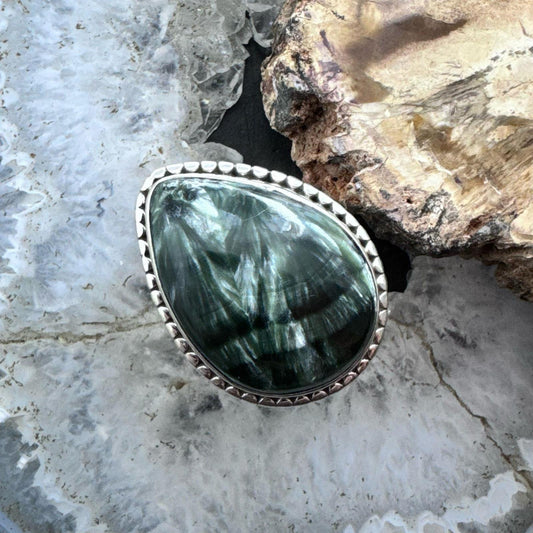 Sterling Silver Southwestern Style Teardrop Seraphinite Ring Size 9 For Women