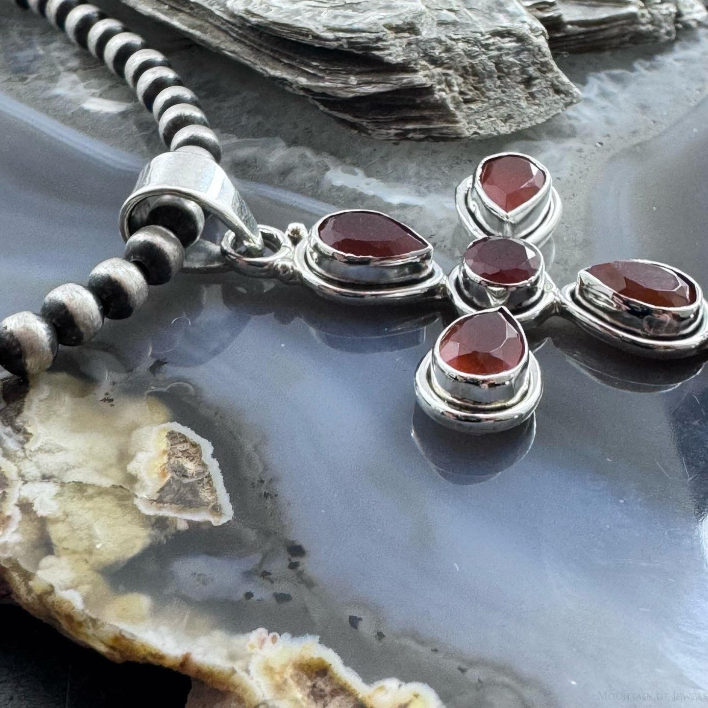 Sterling Silver Southwestern Style Carnelian Decorated Cross Pendant For Women