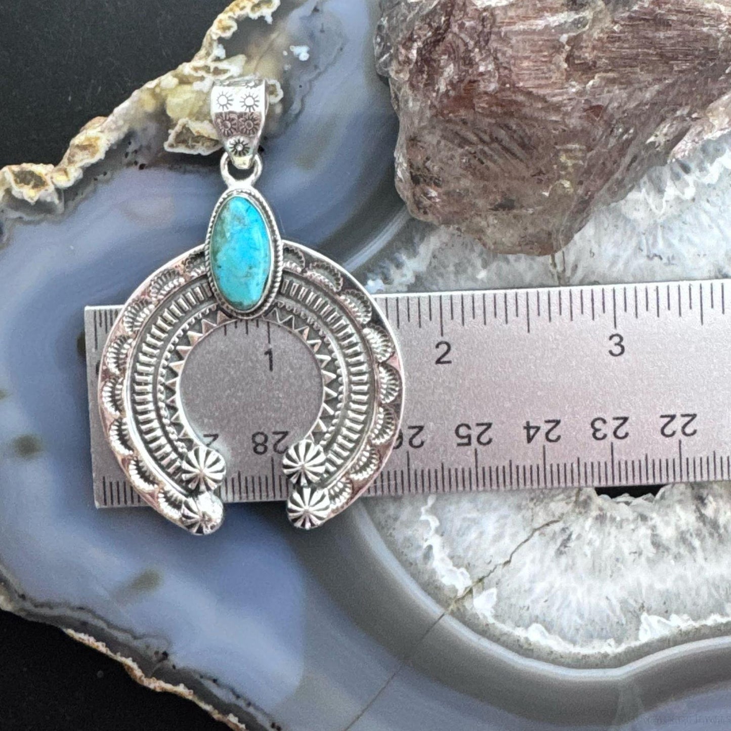 Sterling Silver Southwestern Style Oval Turquoise Stamped Naja Unisex Pendant