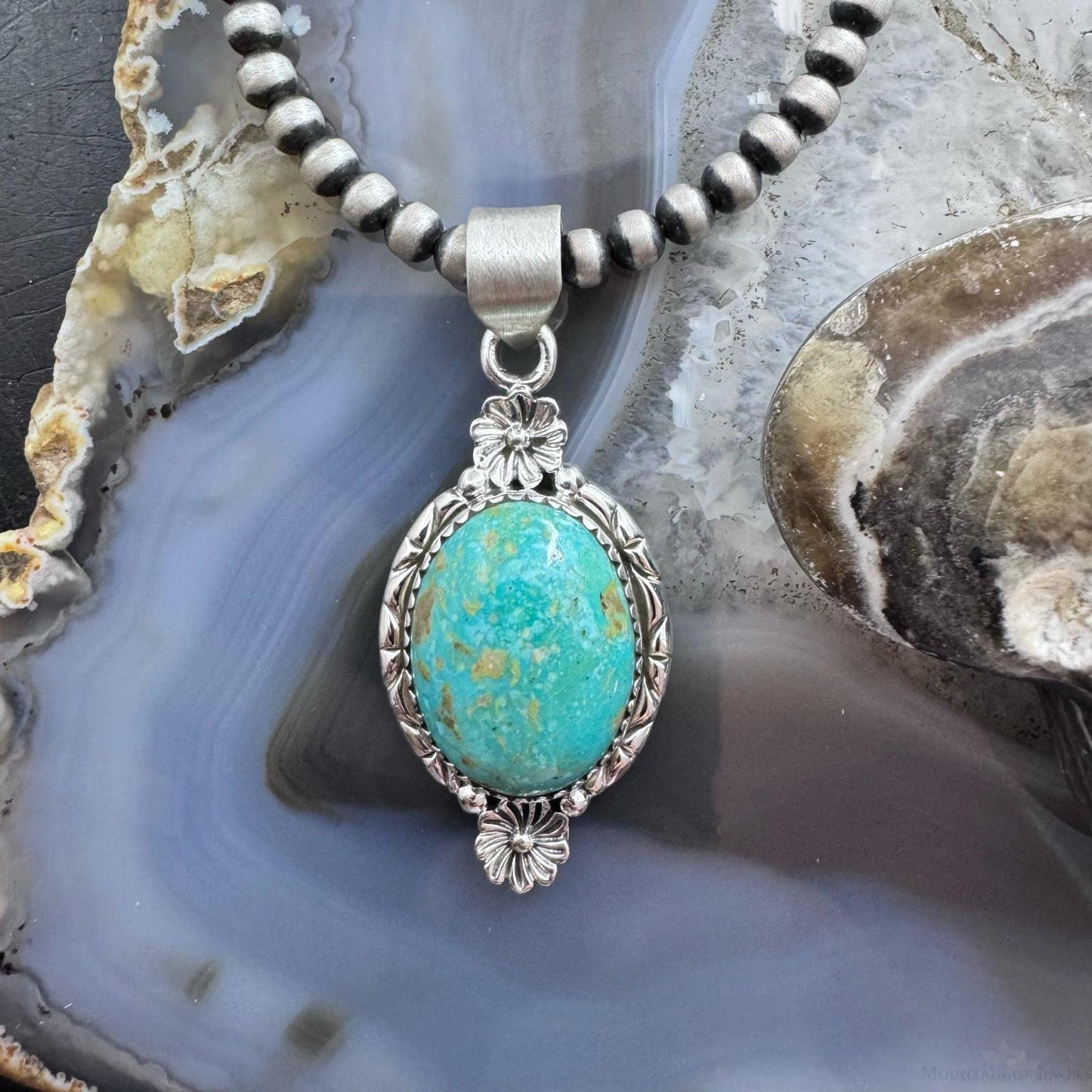 Sterling Silver Southwestern Style Oval Turquoise Decorated Pendant For Women