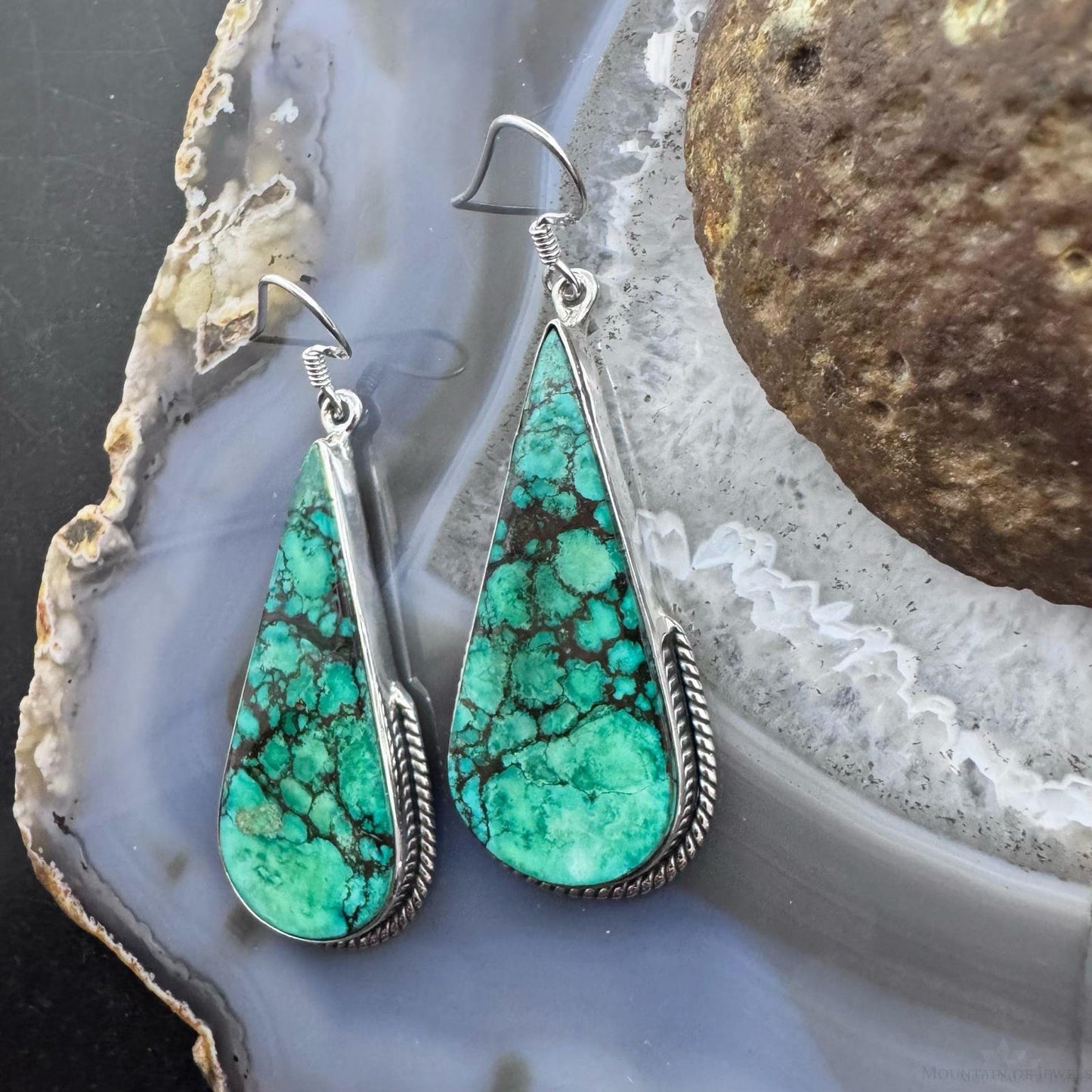 Sterling Silver Southwestern Style Teardrop Turquoise Dangle Earrings For Women