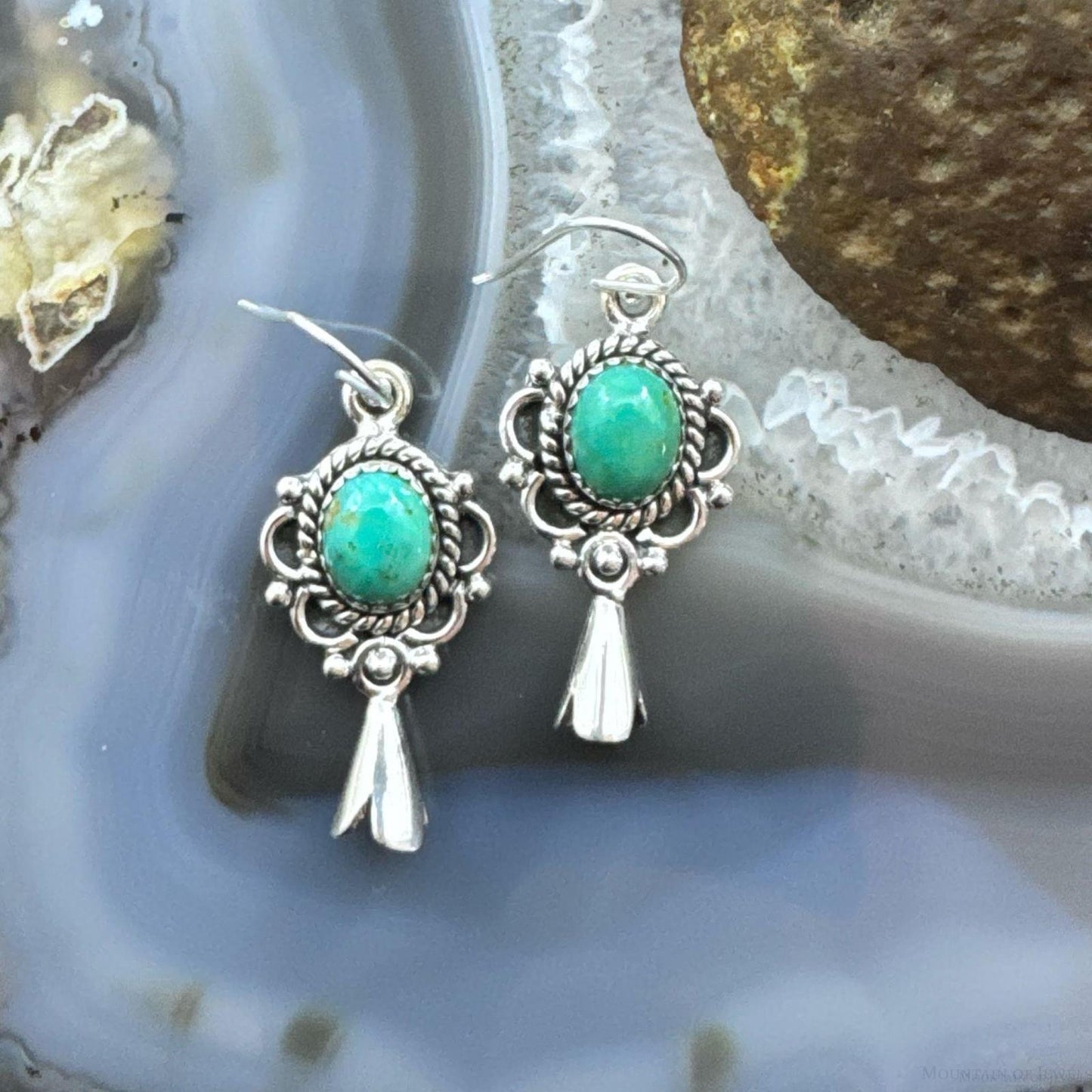 Sterling Silver Southwestern Style Oval Turquoise Squash Blossom Dangle Earrings For Women