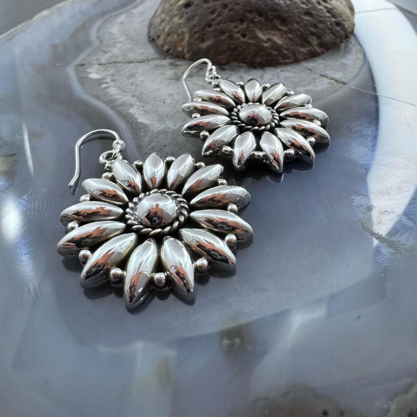 Sterling Silver Southwestern Style Decorated Flower Silver Dangle Earrings For Women