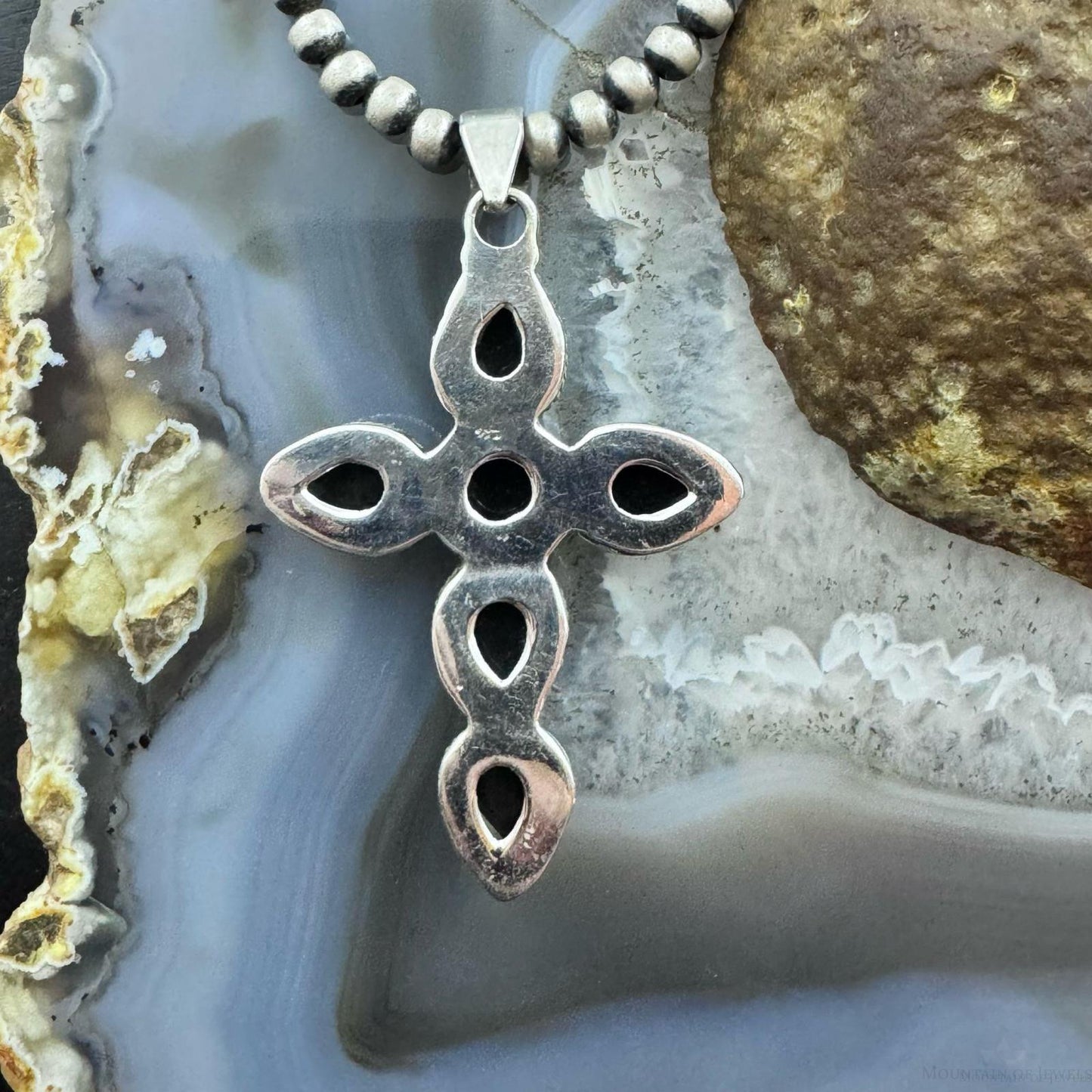 Sterling Silver Southwestern Style 6 Onyx Decorated Cross Pendant For Women