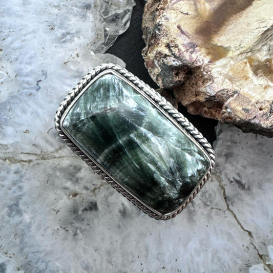 Sterling Silver Southwestern Style Seraphinite Bar Ring Size 8.5 For Women