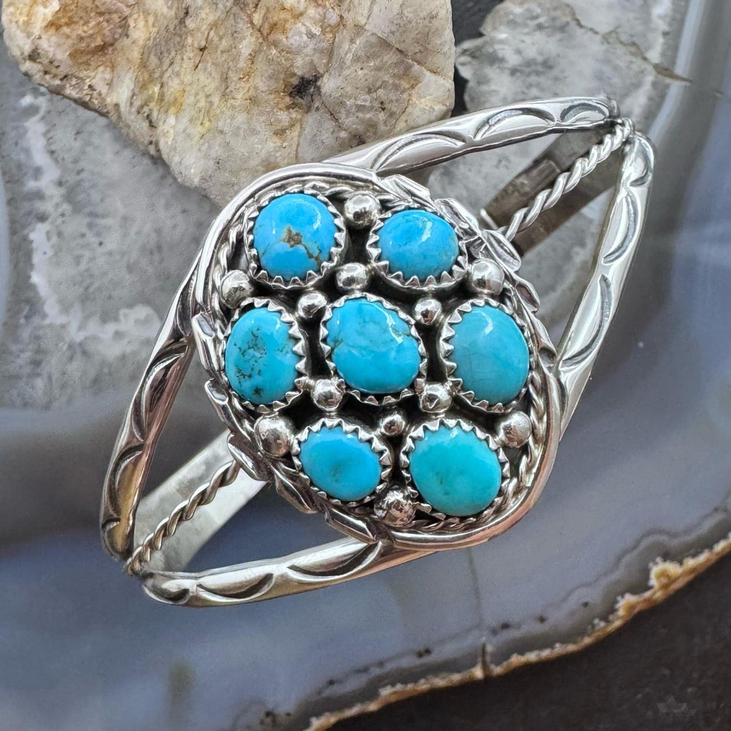 Melvin Chee Native American Sterling Silver KingmanTurquoise Cluster Bracelet For Women